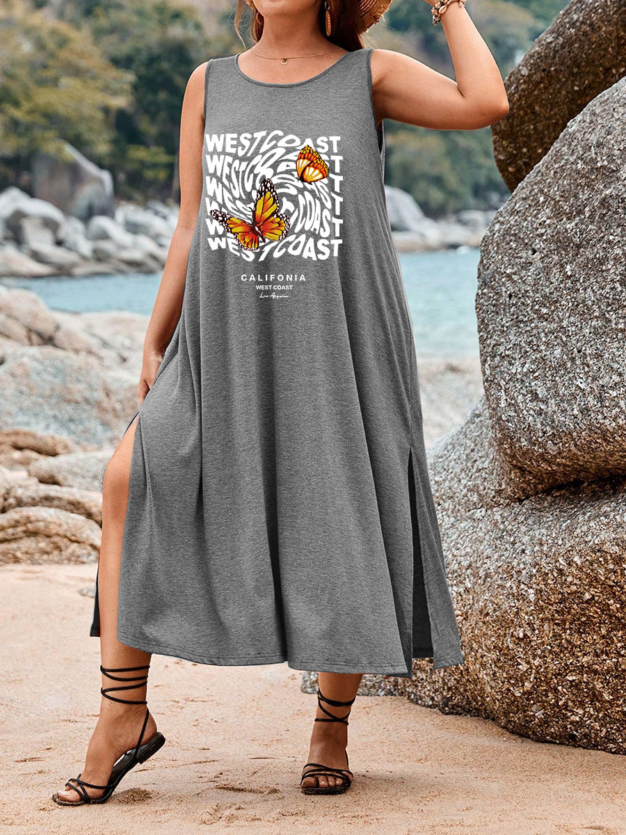Letter Butterfly California West Coast Graphic Split Thigh Tank Dress
