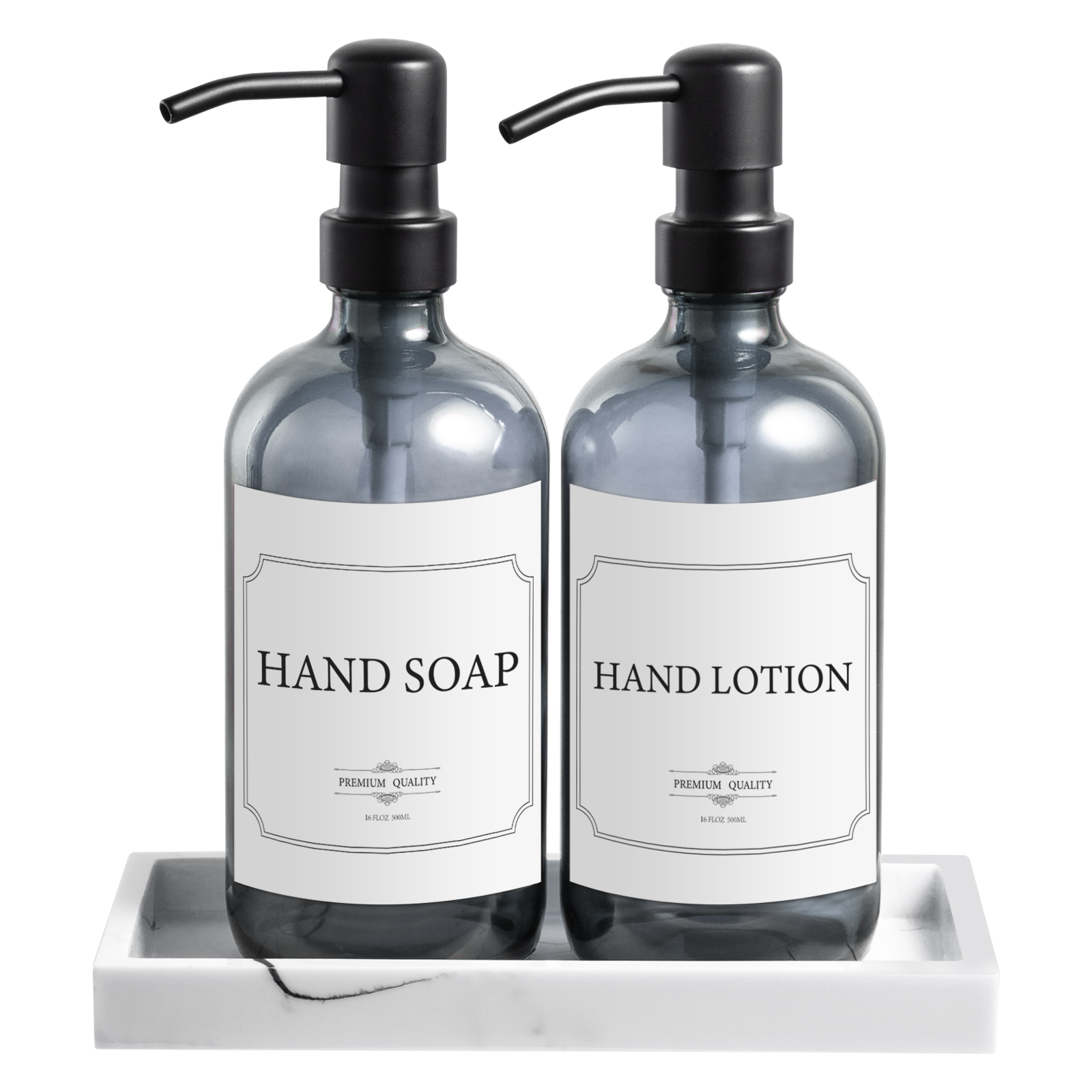 Glass Soap Dispenser Set With Resin Tray for Bathroom and Kitchen Sink