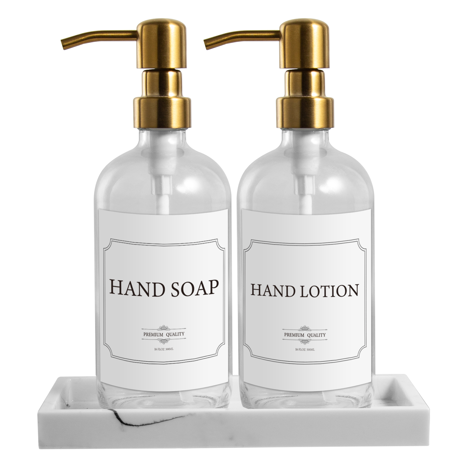 Glass Soap Dispenser Set With Resin Tray for Bathroom and Kitchen Sink