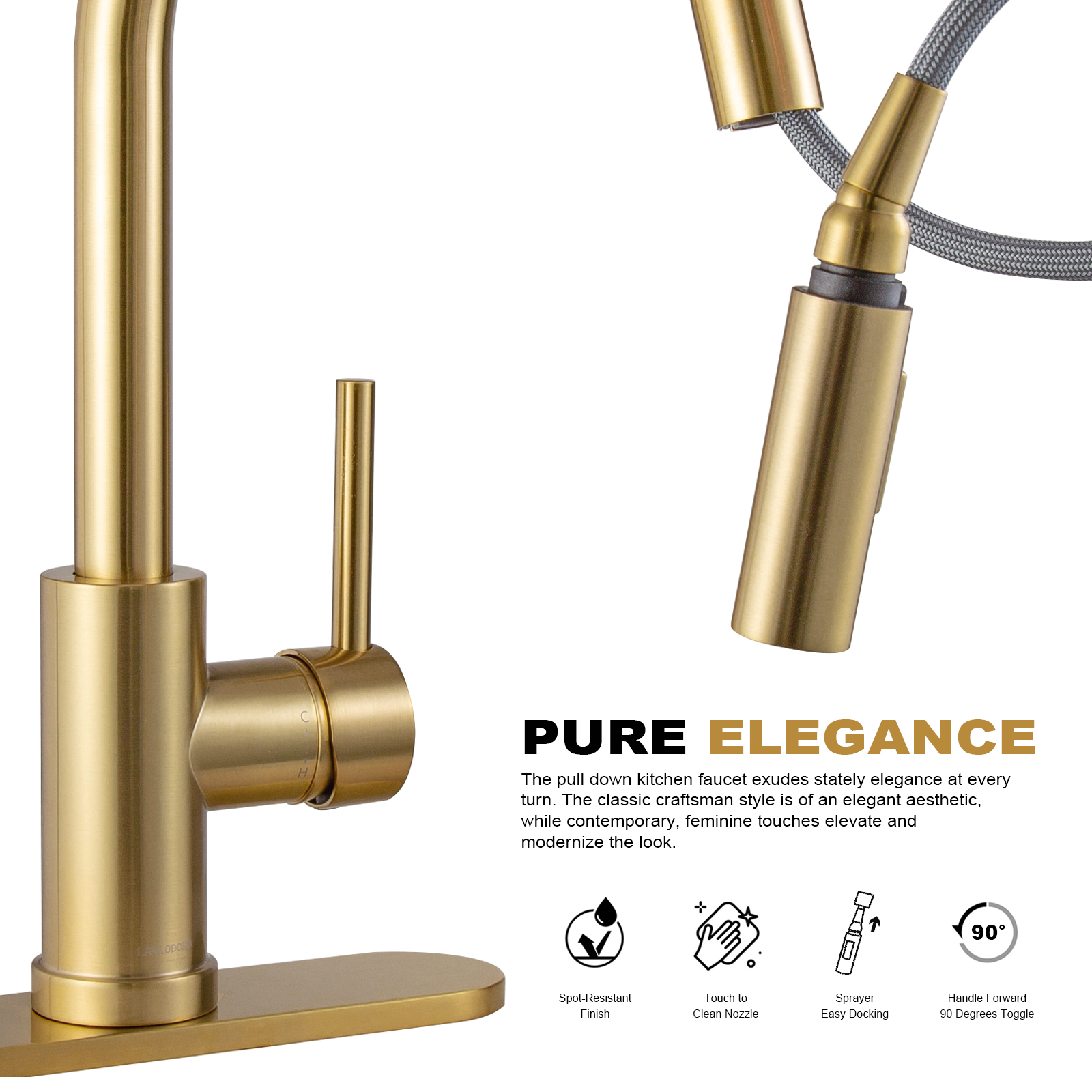 Gold Pull Down Kitchen Faucet with Sprayer KF1120 - Lava Odoro-LAVA ODORO