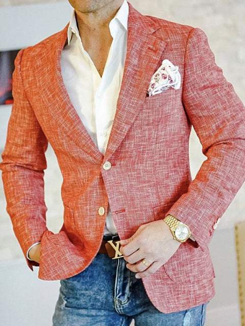 Mens Red Casual Slim-Fit Plaid Cotton Blazer