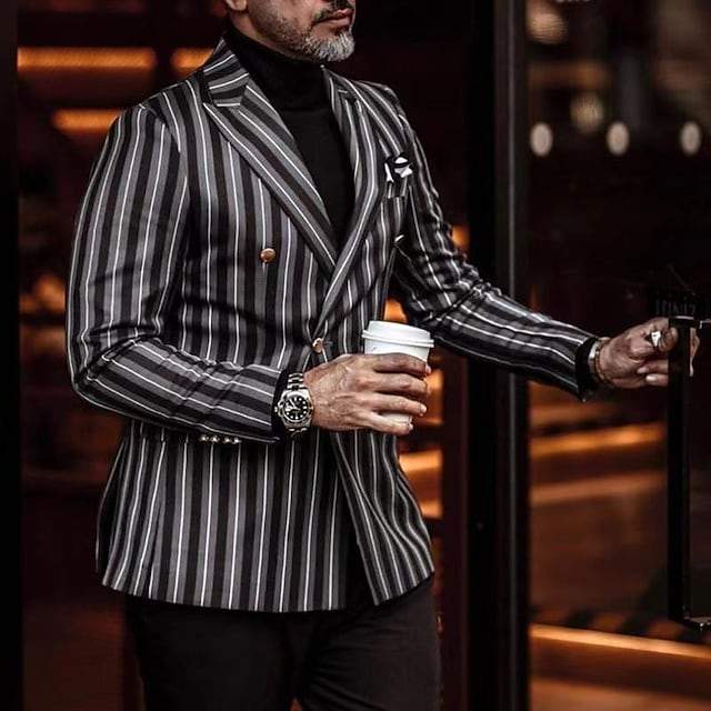 Italian Handmade Mens Stripes Casual Slim-Fit Plaid Cotton Blazer