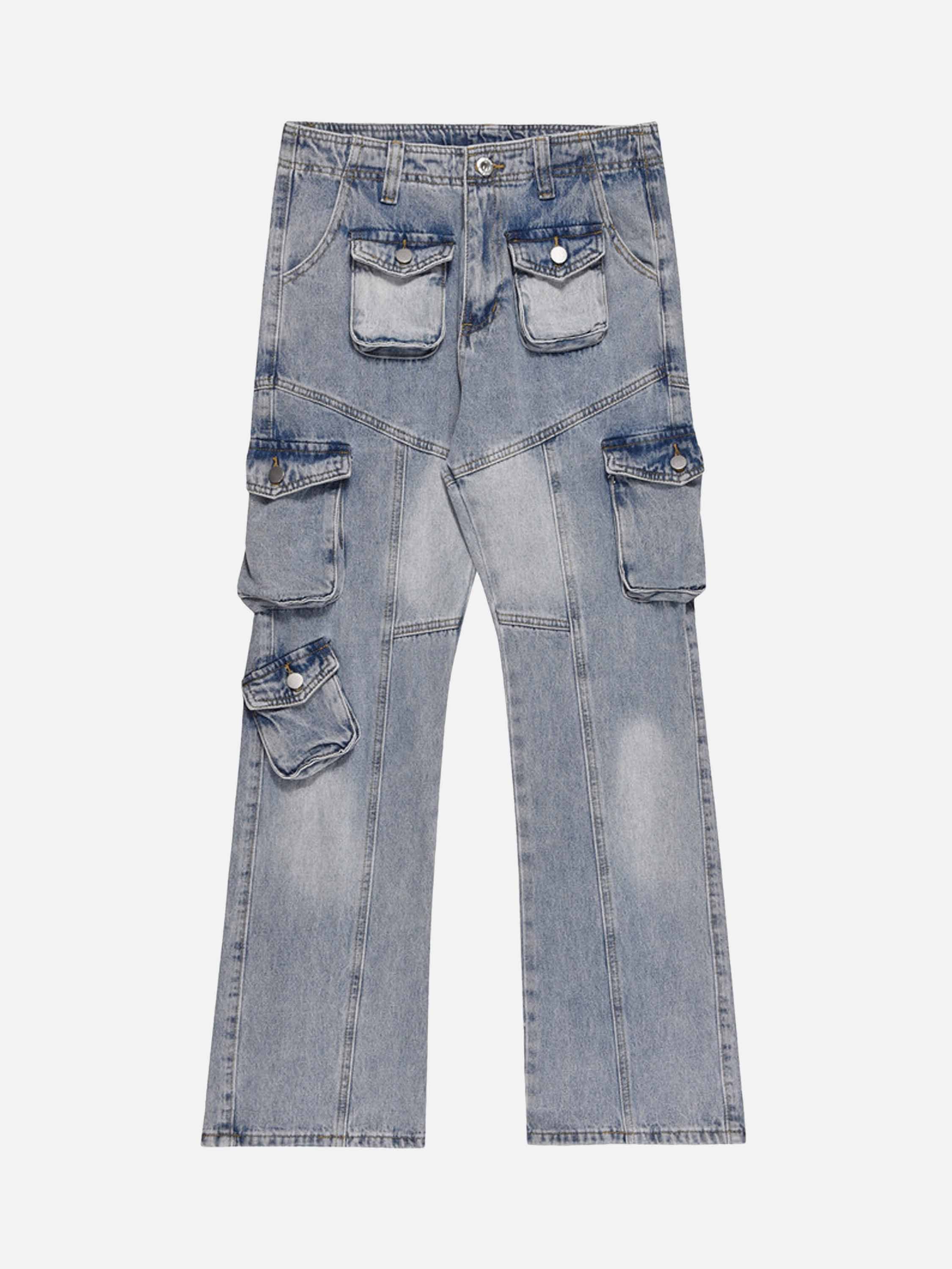 High Street Design Sense Multi-pocket Loose Jeans Micro-lab Wide Leg Pants-xxchiefs