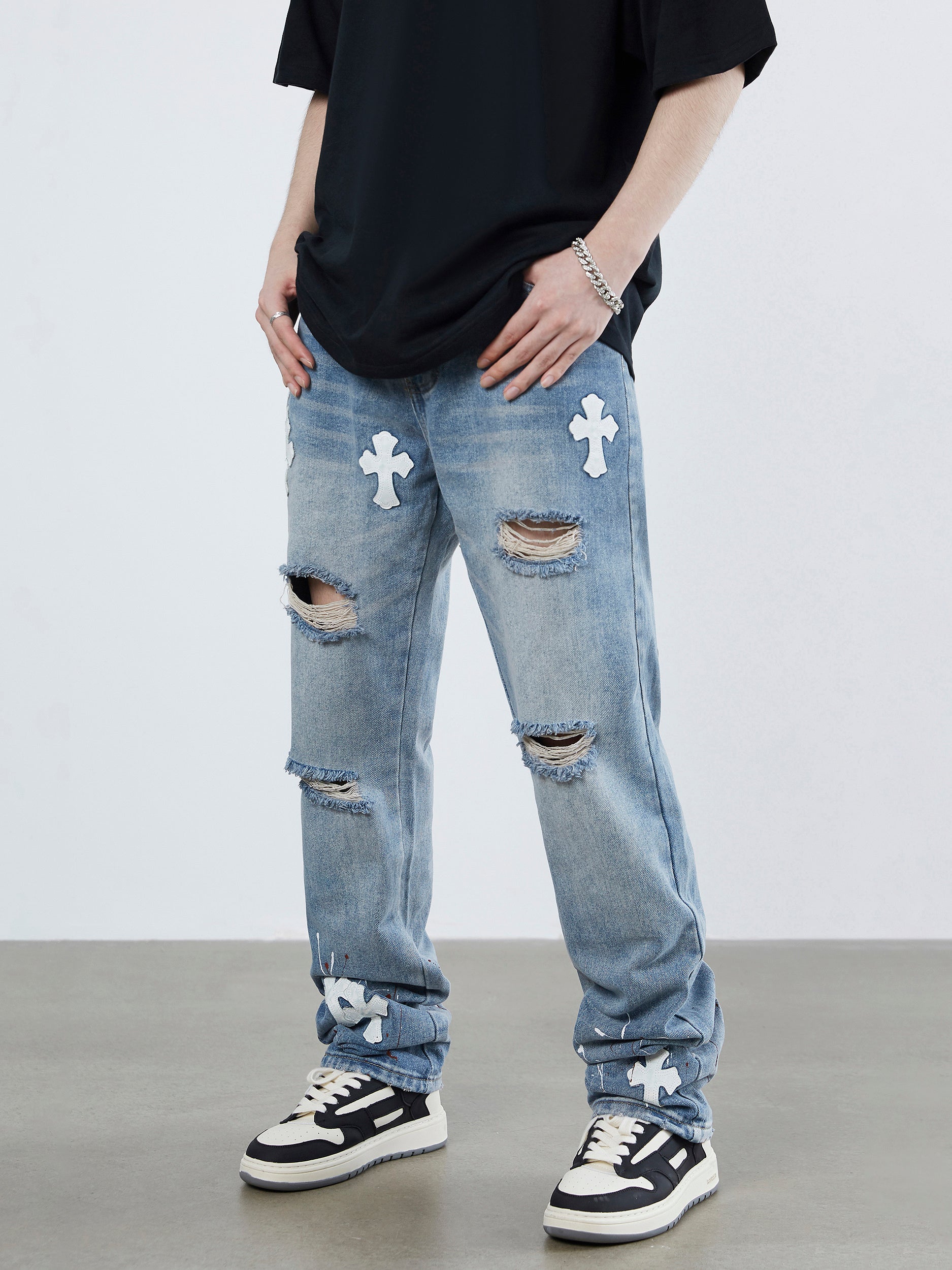 High Street Cross Hole Splash Ink Straight Loose-fitting Jeans-xxchiefs