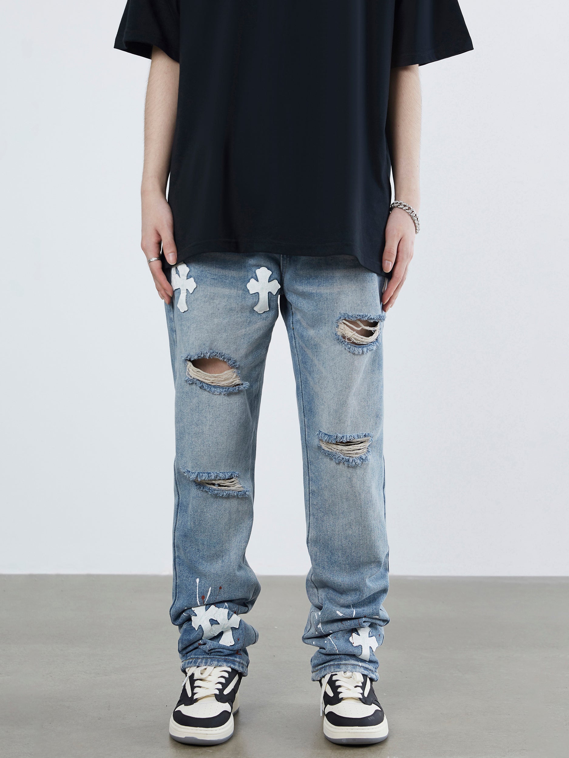 High Street Cross Hole Splash Ink Straight Loose-fitting Jeans-xxchiefs