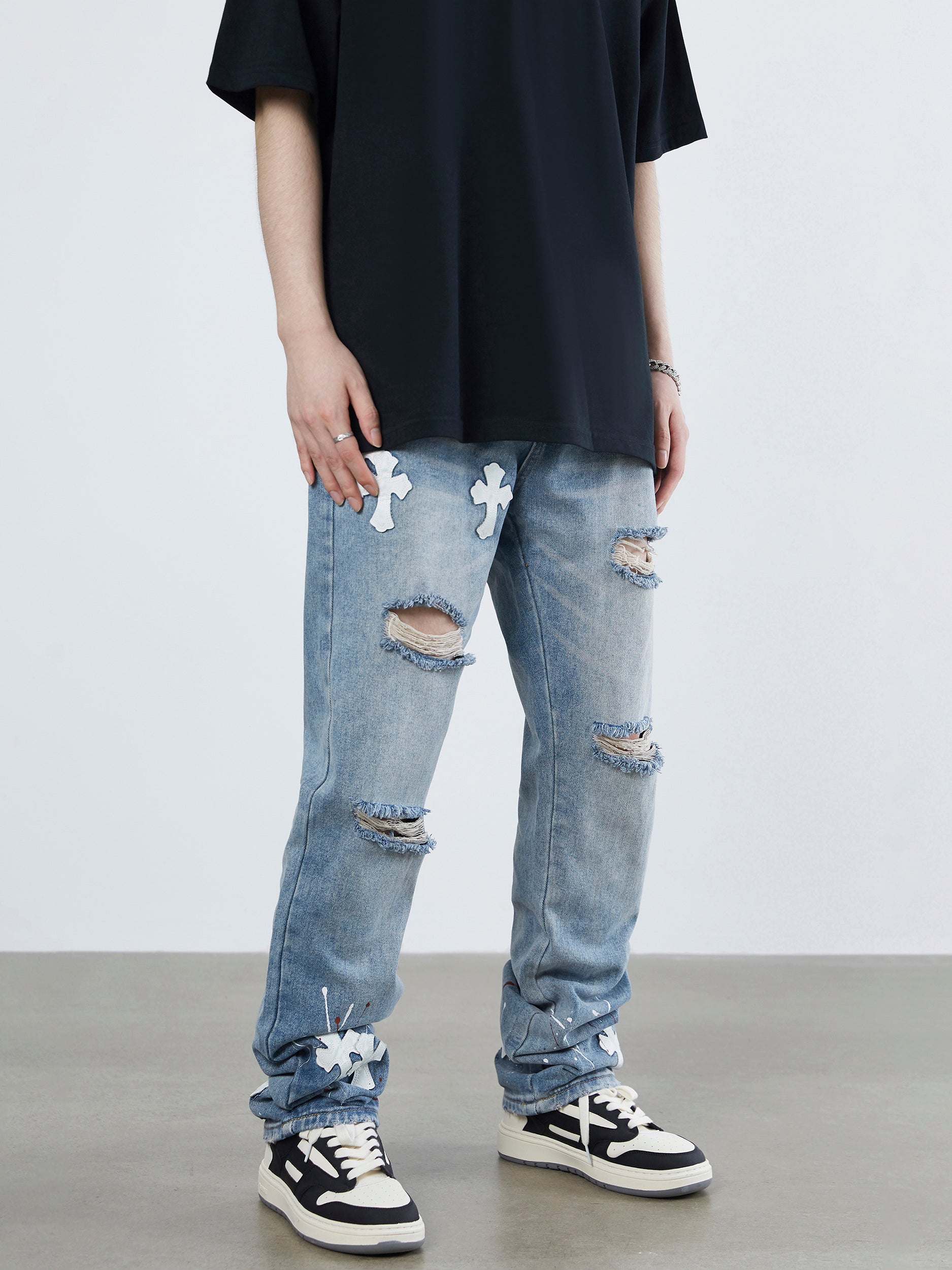 High Street Cross Hole Splash Ink Straight Loose-fitting Jeans-xxchiefs