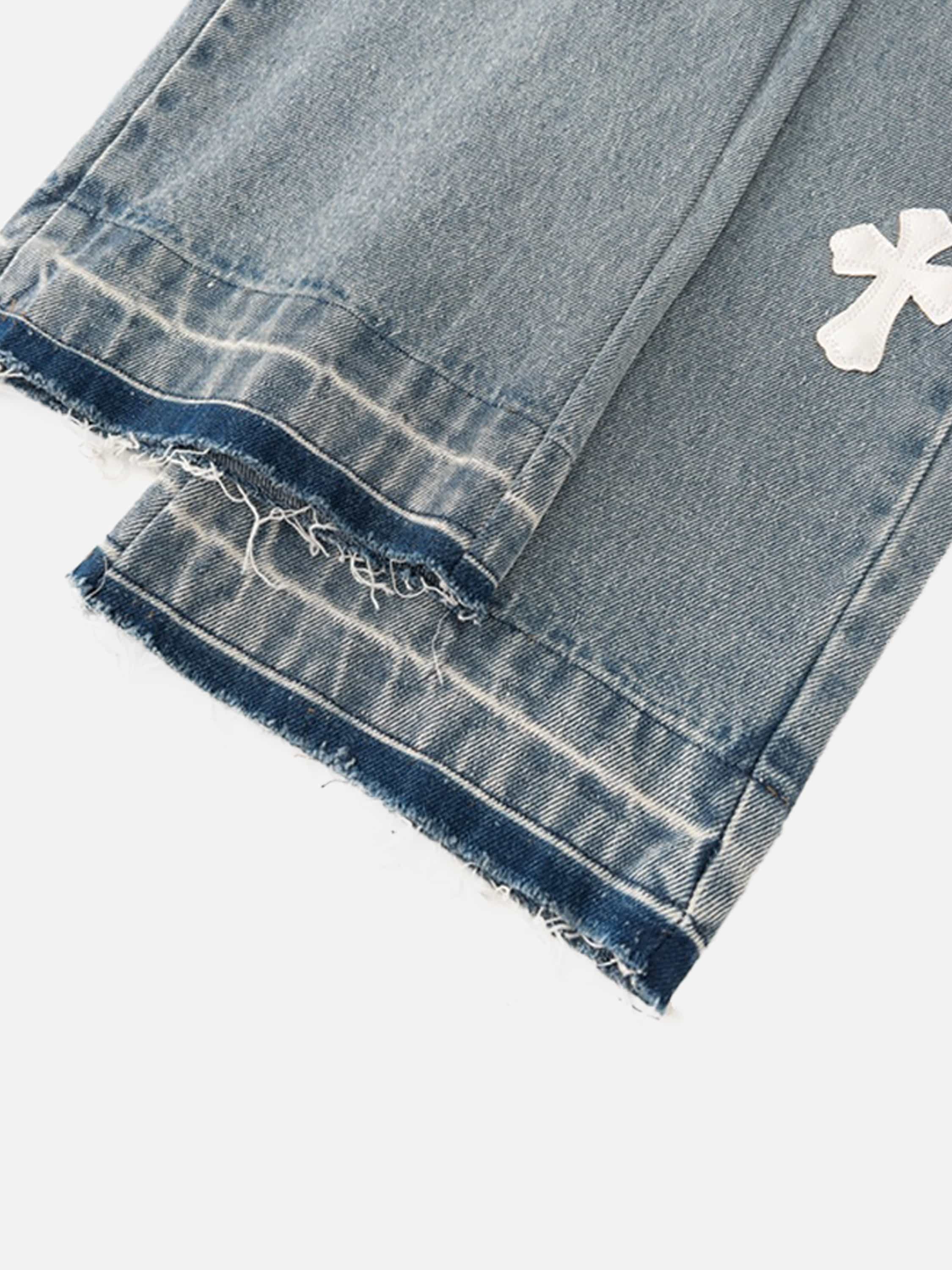 American Style Trendy Torn Cross Embroidered Loose Straight Jeans-xxchiefs