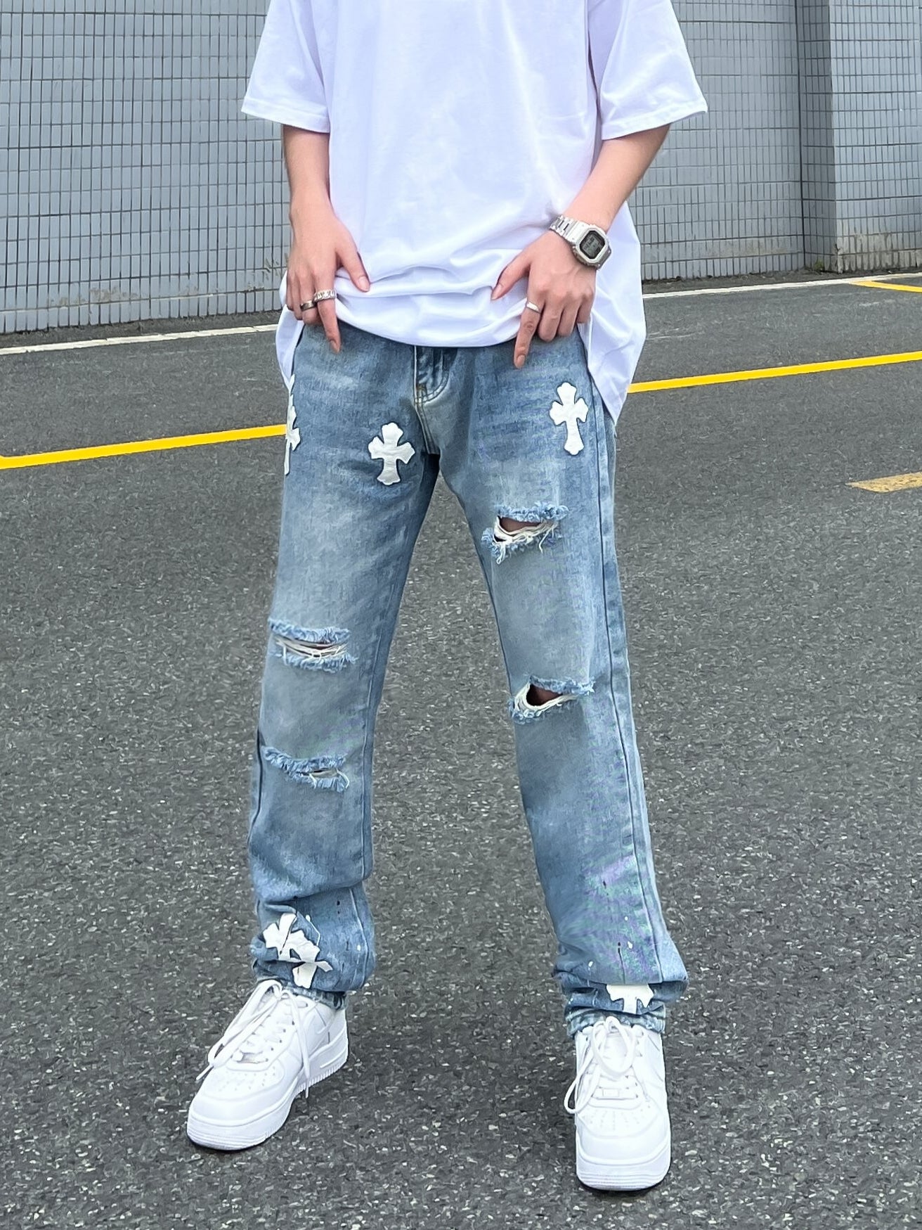 High Street Cross Hole Splash Ink Straight Loose-fitting Jeans-xxchiefs