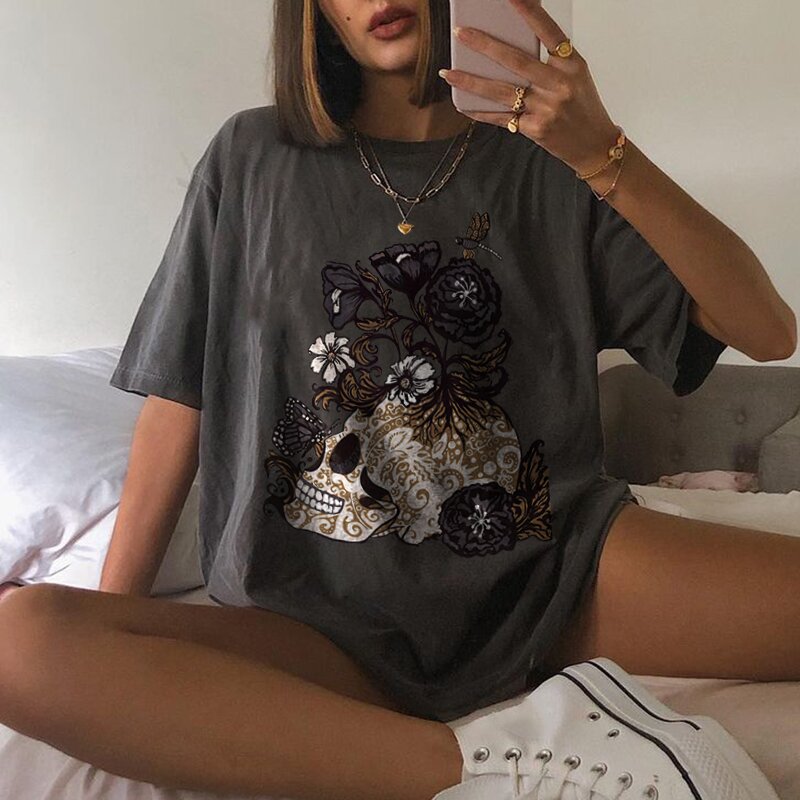 Butterfly dragonfly floral skull print t-shirt-xxchiefs