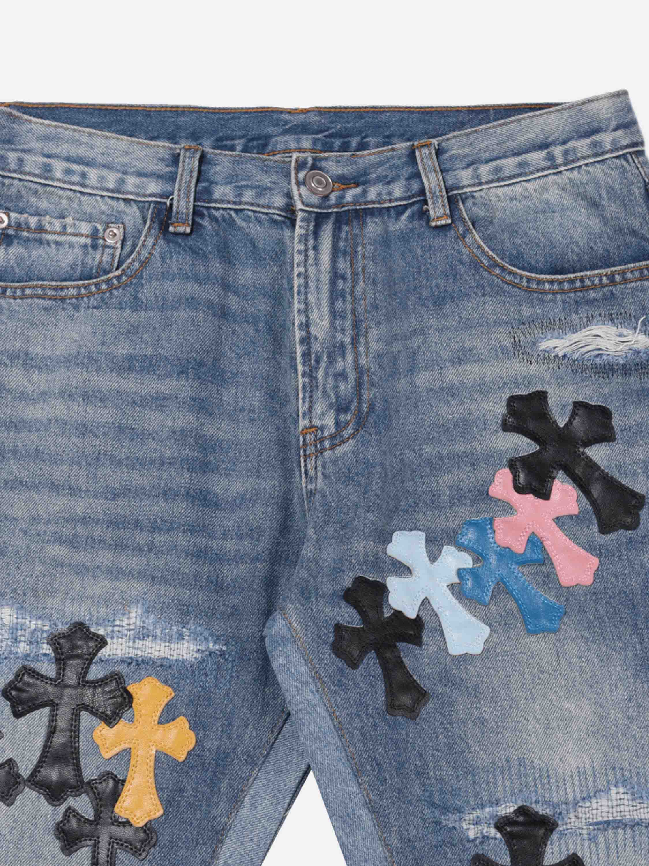 High Street Washed Leather Patchwork Collision Jeans-xxchiefs