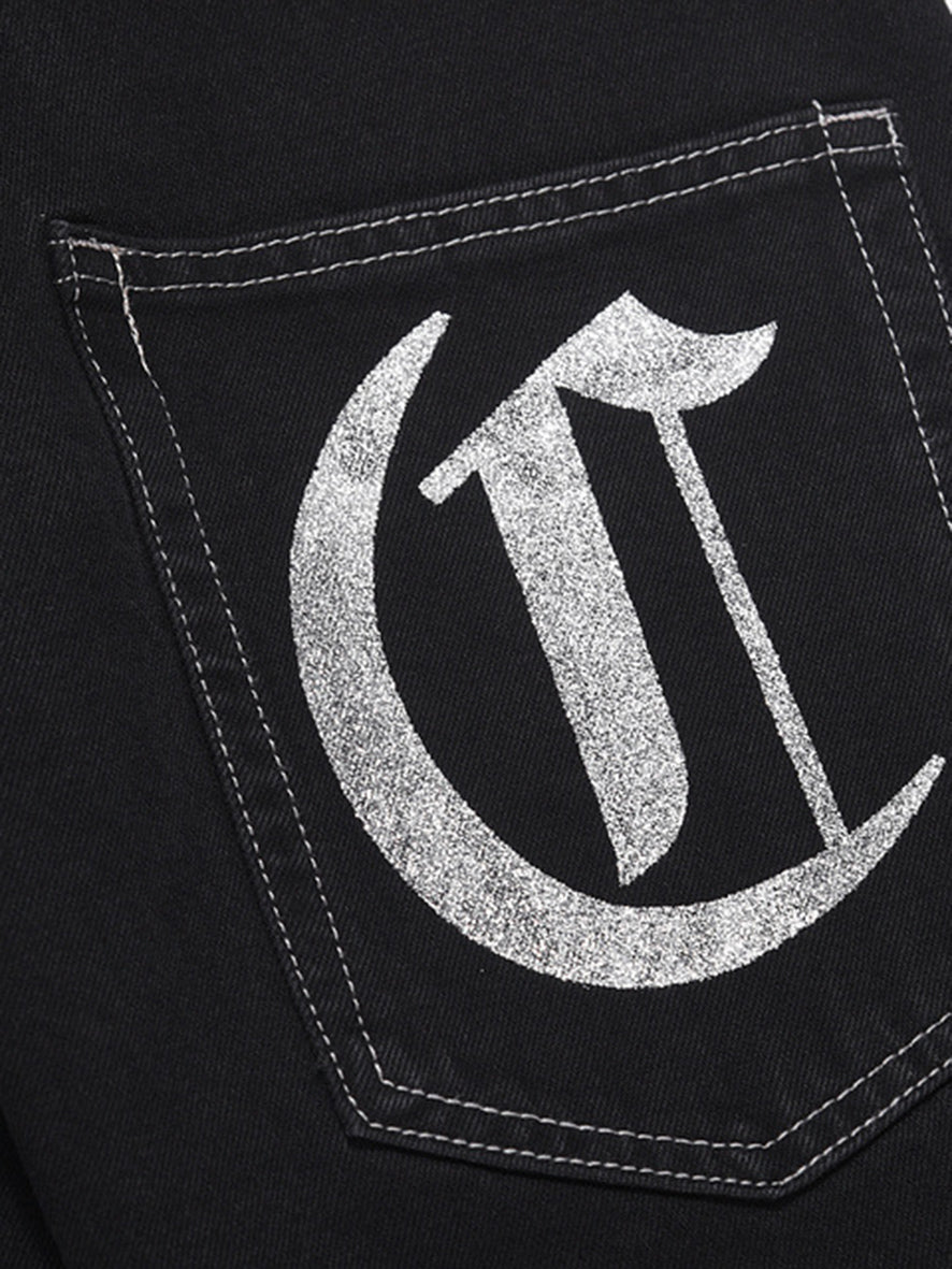 Pocket Letter Print Micro-stretch Frayed Straight-leg Jeans-xxchiefs