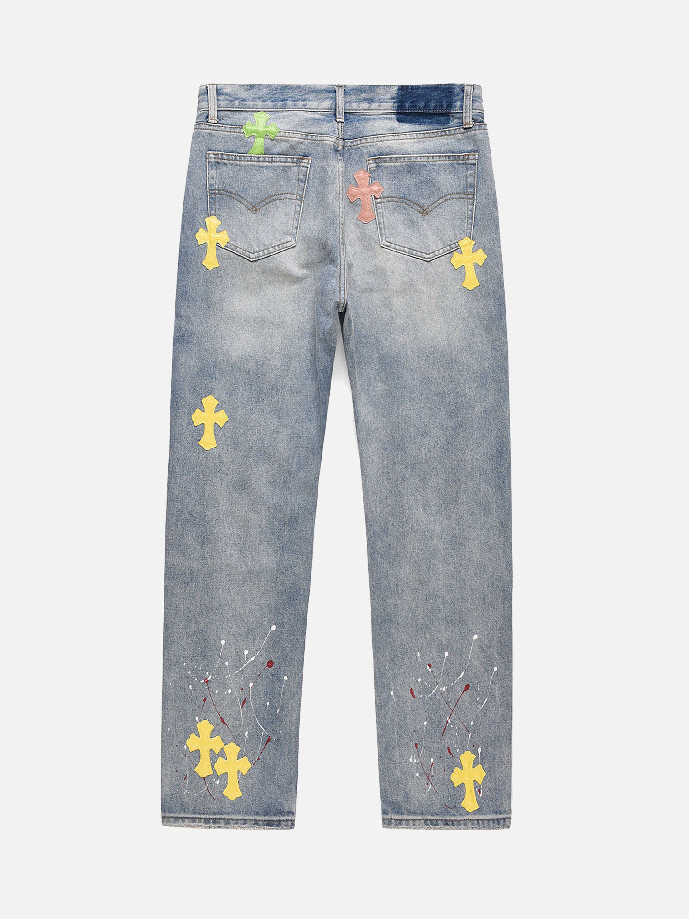 Splashed Ink Cross Embroidery Jeans-xxchiefs
