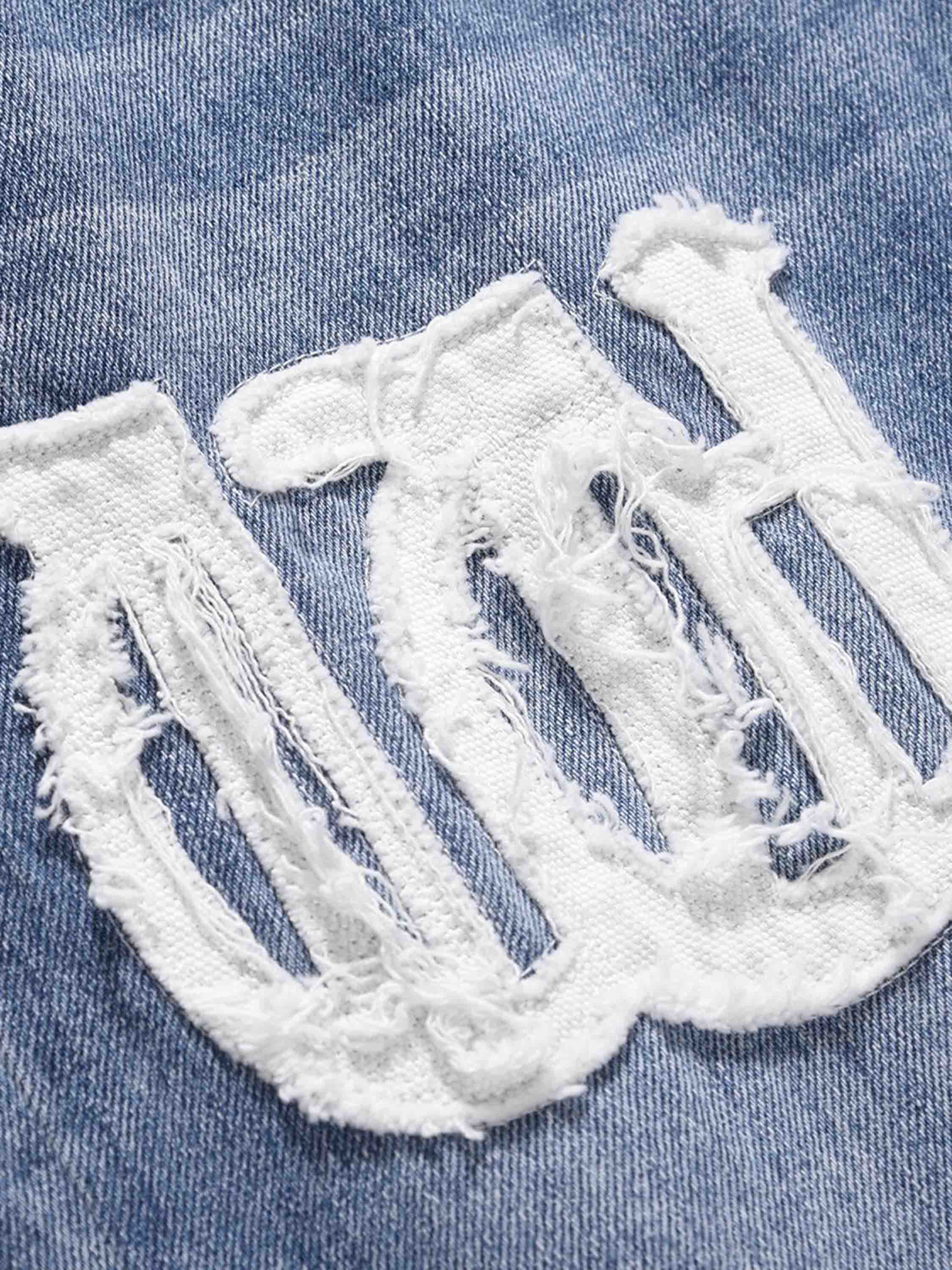 High Street Letters Patchwork Print Frayed Jeans Straight Pants-xxchiefs