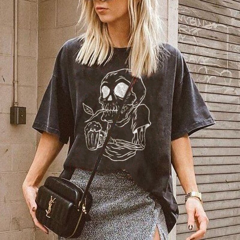 Skull drinking beer printed women's fashion T-shirt-xxchiefs