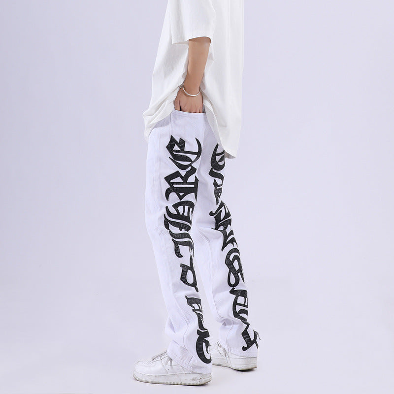 American High Street Burning Text Embroidered Letters Jeans-xxchiefs