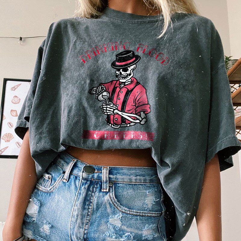 DRINKING BLOOD CHEERS skull printed women's T-shirt-xxchiefs