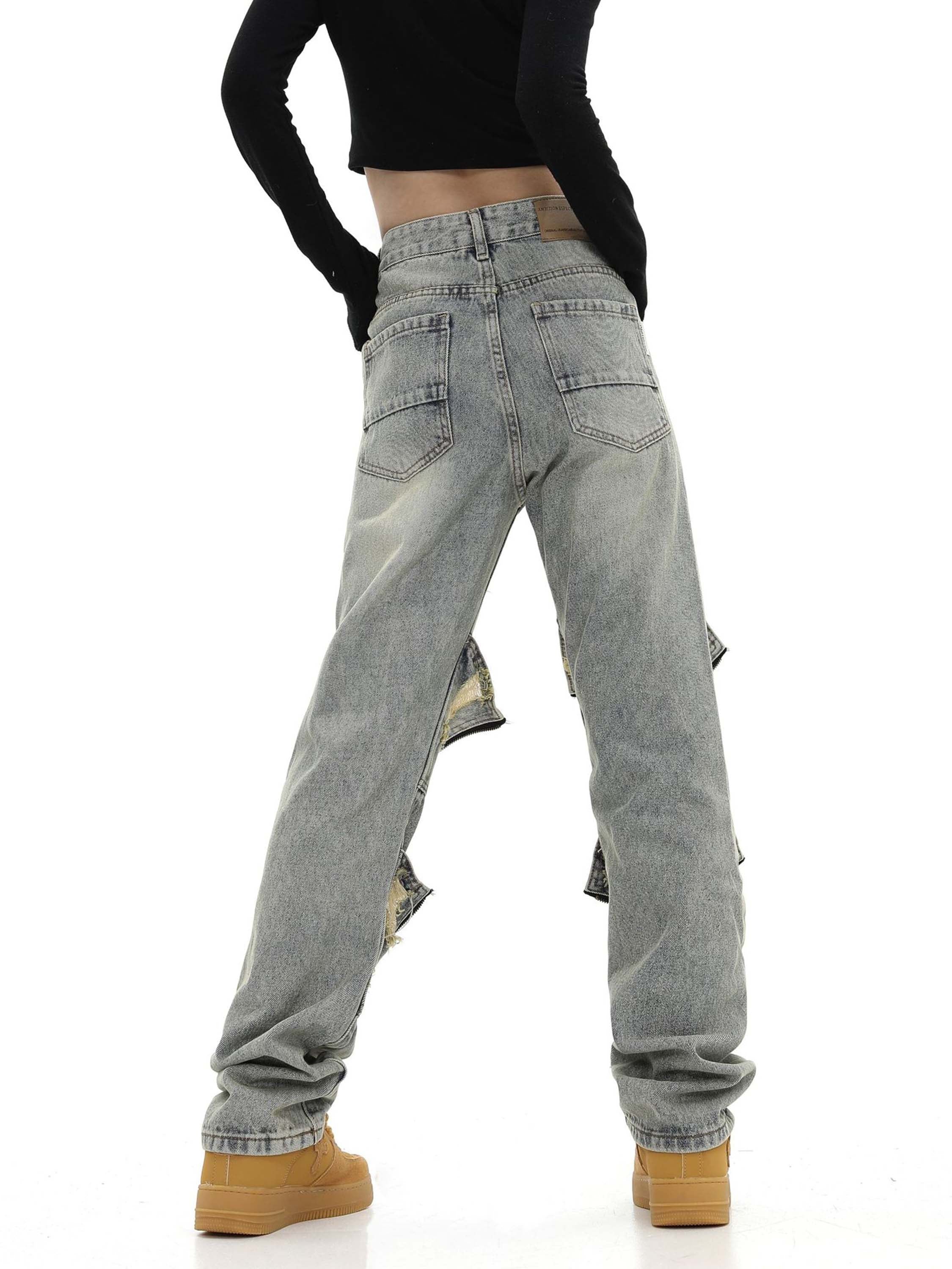 American High Street Washed And Torn Work Pockets Straight Denim Pants-xxchiefs