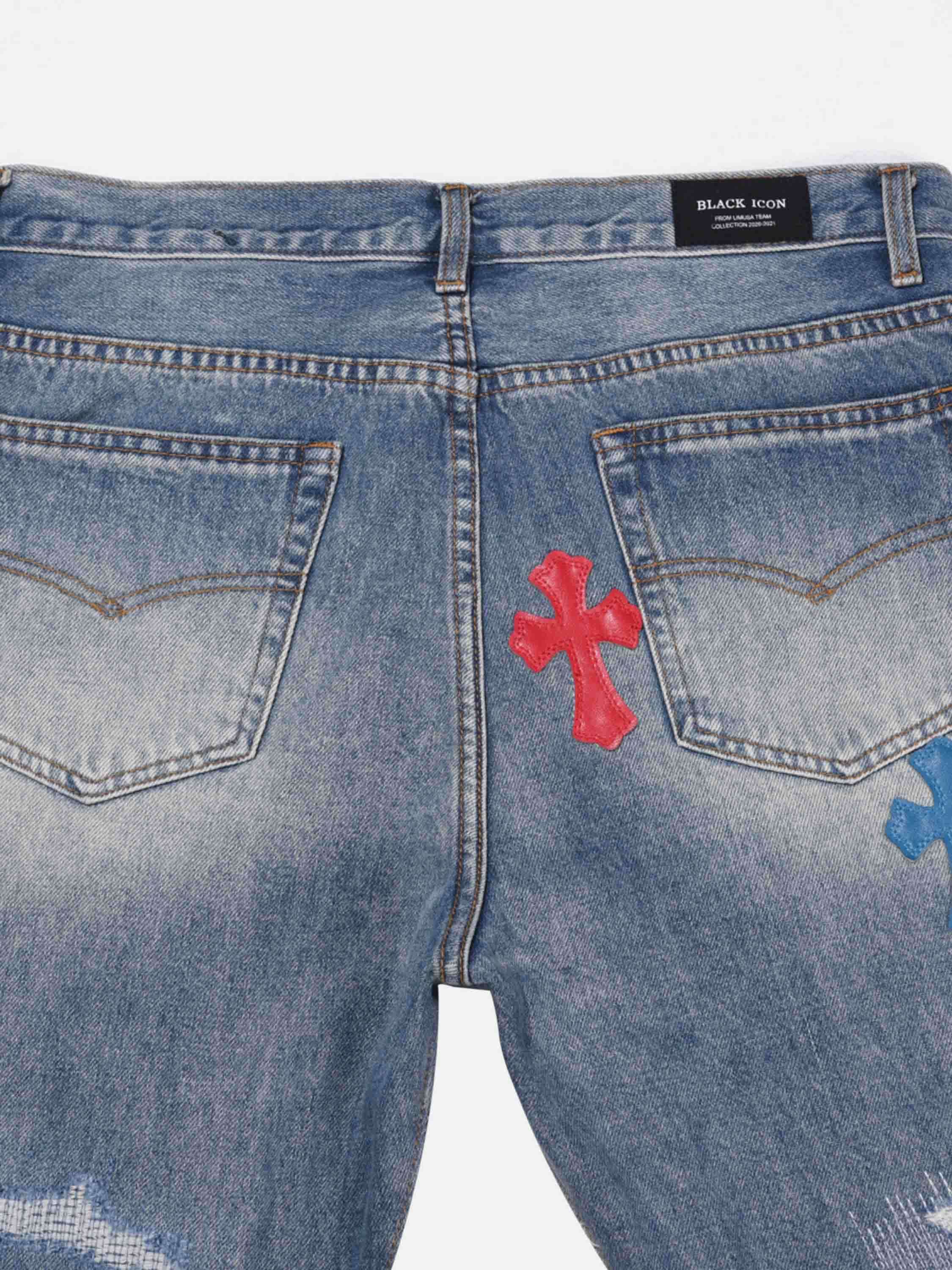 High Street Washed Leather Patchwork Collision Jeans-xxchiefs