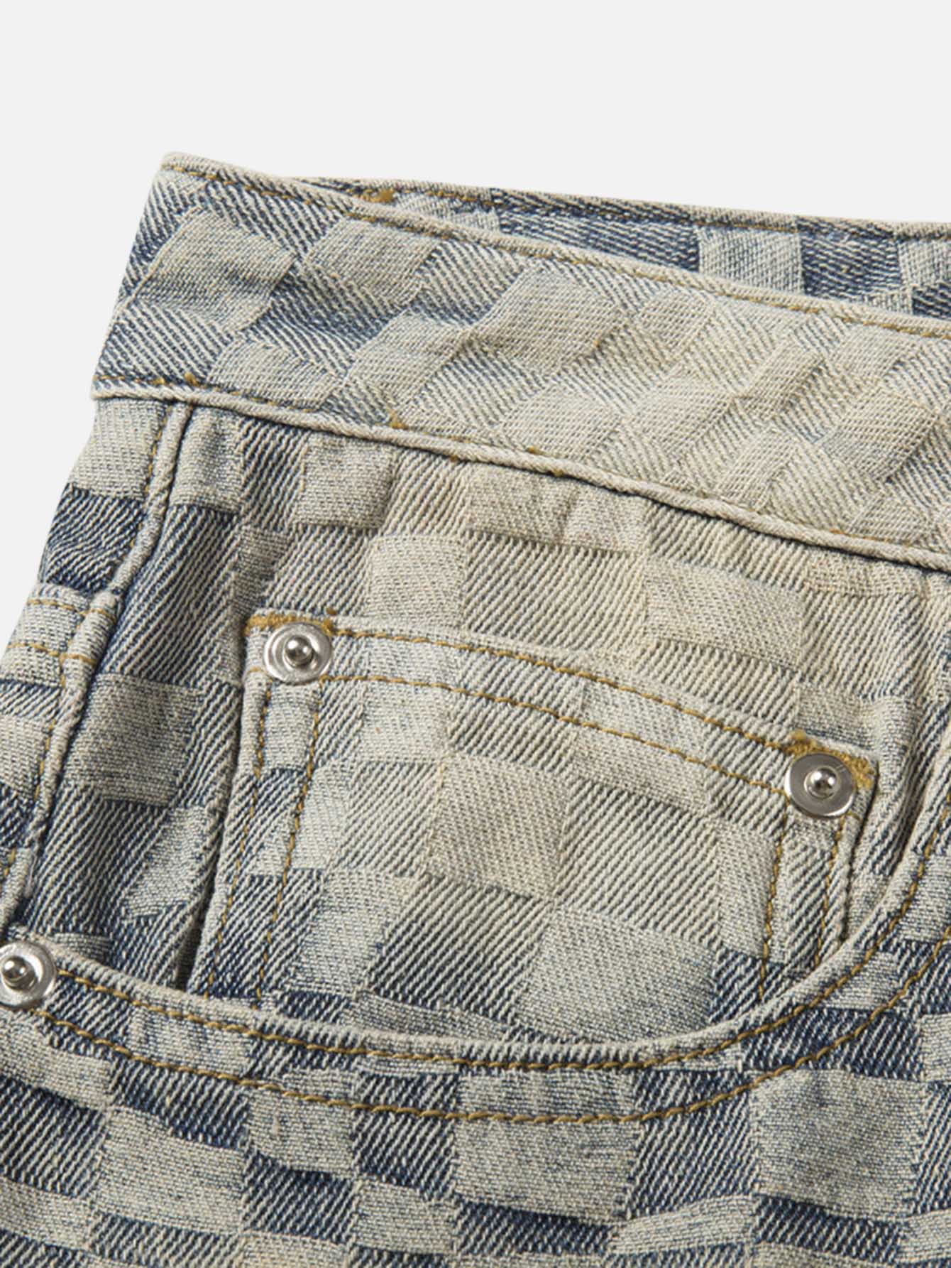American Style Old Vintage Checked Square Hole Jeans Loose Straight Pants-xxchiefs