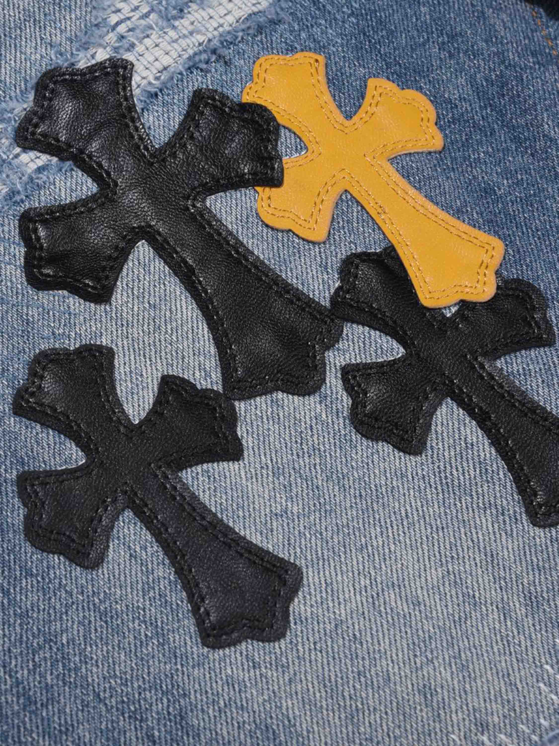 High Street Washed Leather Patchwork Collision Jeans-xxchiefs