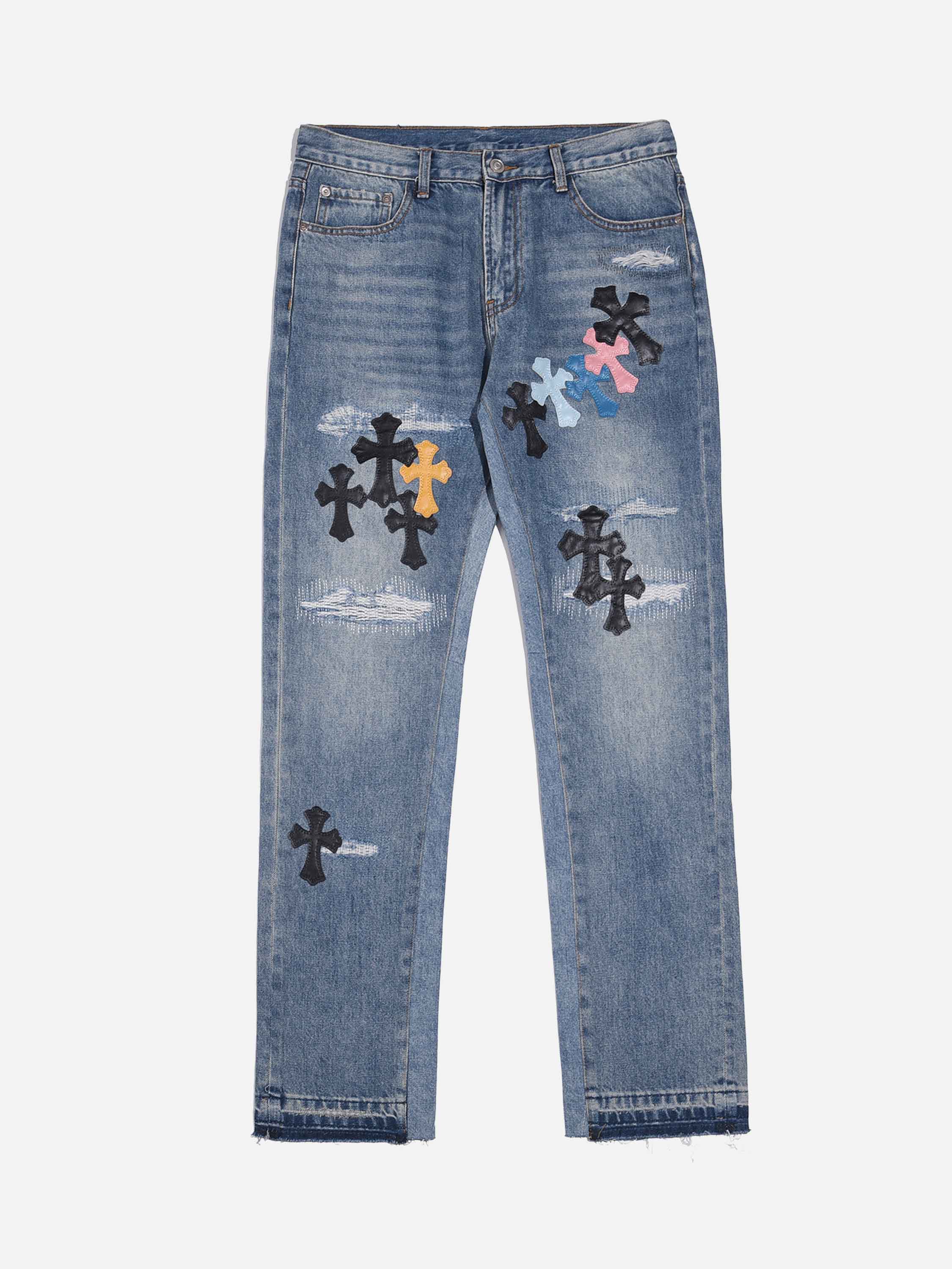 High Street Washed Leather Patchwork Collision Jeans-xxchiefs