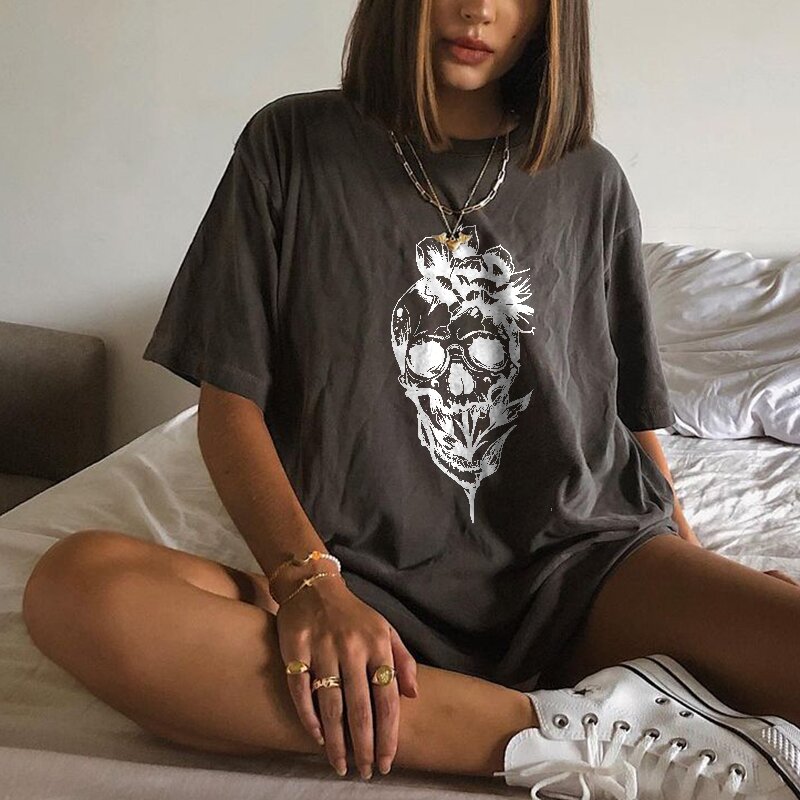 Flower skull print casual loose T-shirt-xxchiefs