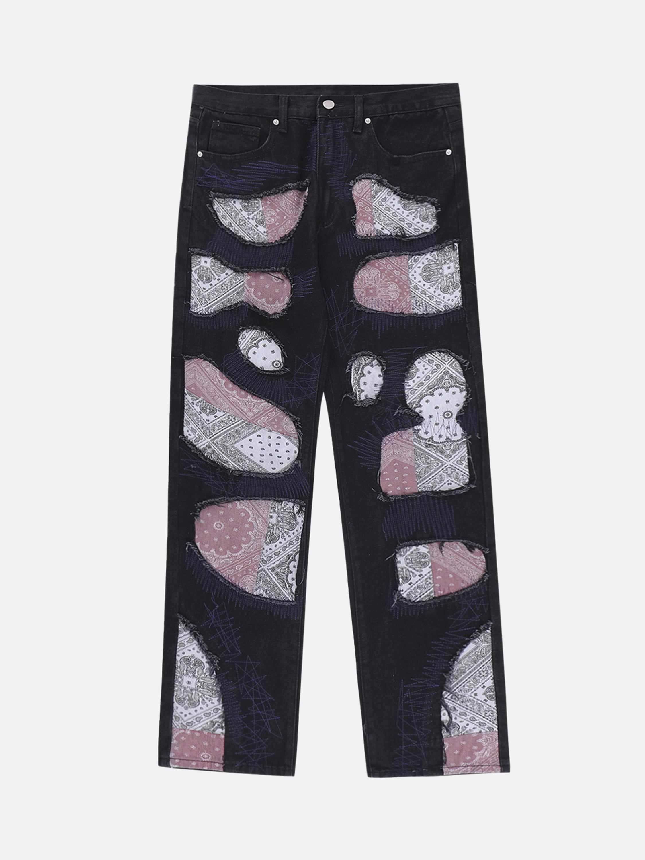American Vintage Broken Ring Frayed Edge Splicing Cashew Flower Washed Jeans-xxchiefs