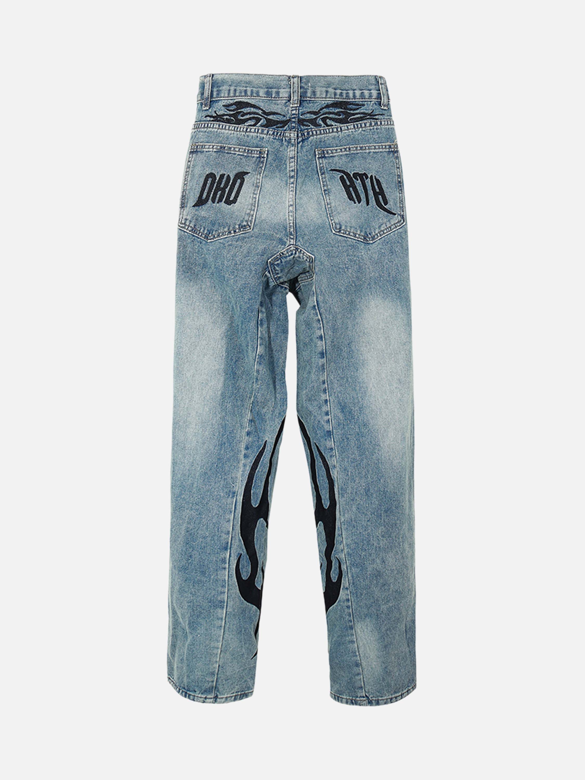 American Vintage Flame Letters Embroidered Straight-legged Denim Pants-xxchiefs