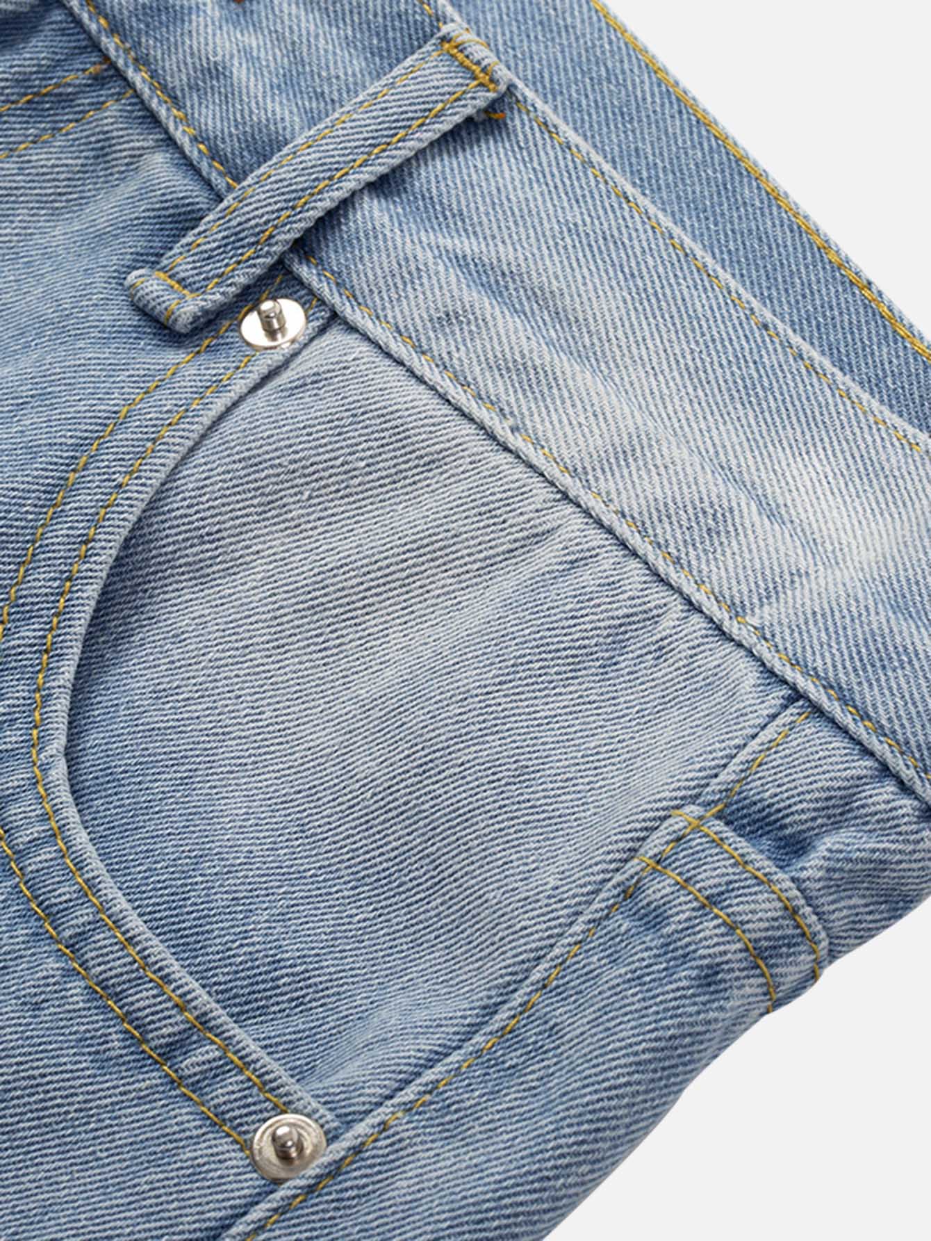 Street Hip-hop Washed And Damaged Patch PU Cross Denim Straight Pants-xxchiefs