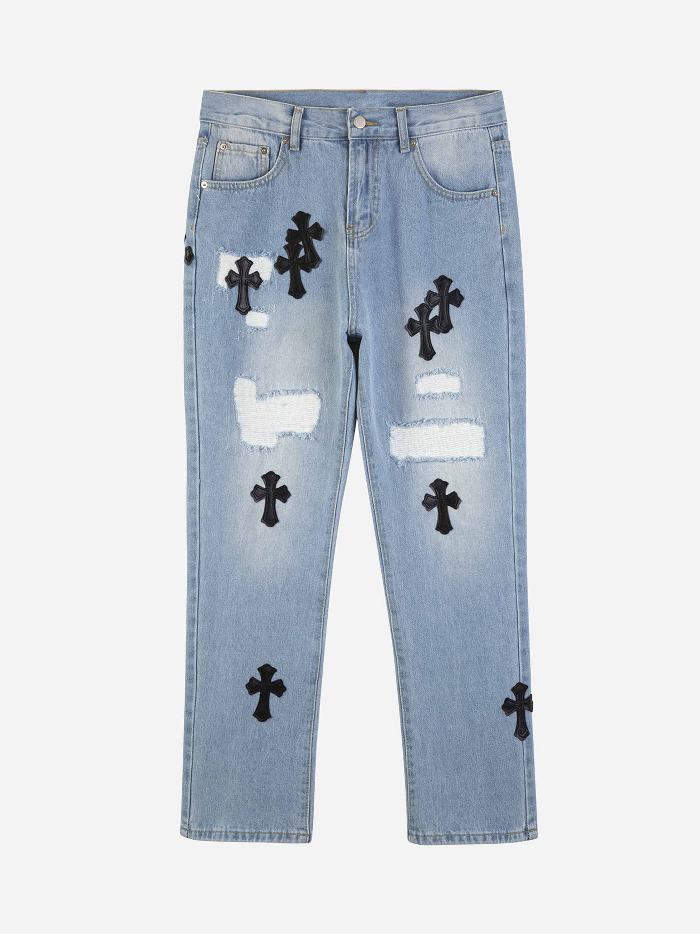 Street Hip-hop Washed And Damaged Patch PU Cross Denim Straight Pants-xxchiefs