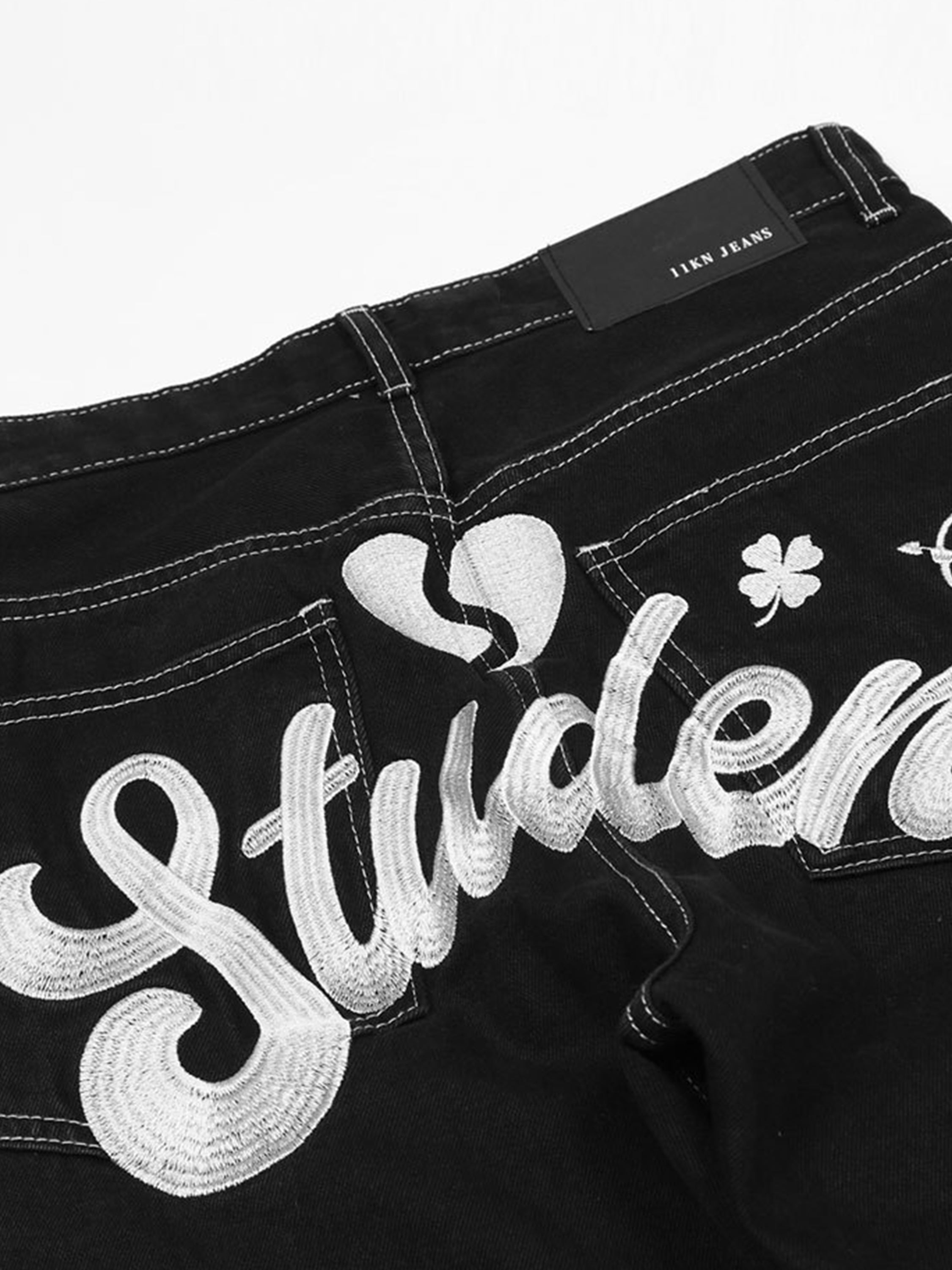 Letter and Lucky Clover Embroidered Jeans-xxchiefs