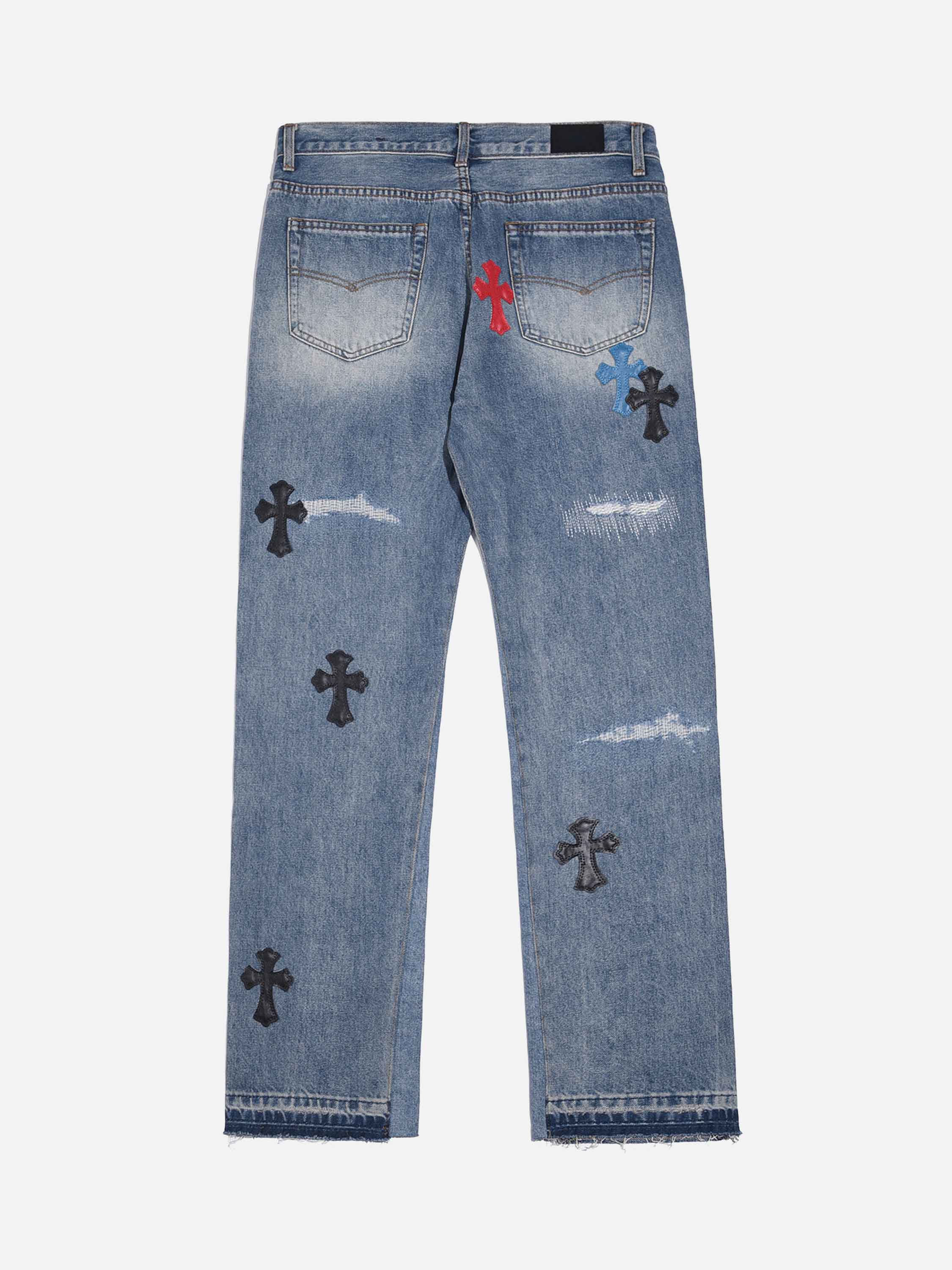 High Street Washed Leather Patchwork Collision Jeans-xxchiefs