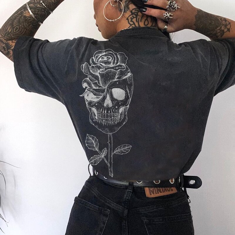 Rose skull print  loose T-shirt-xxchiefs