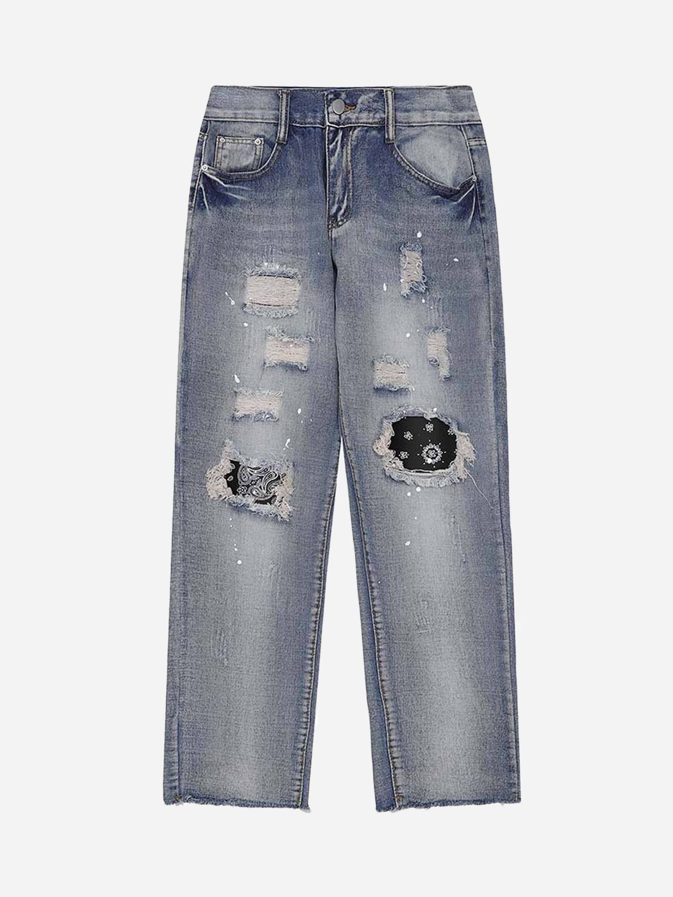 American Hip-hop Vintage Washed And Scratched Ripped Straight-leg Jeans-xxchiefs