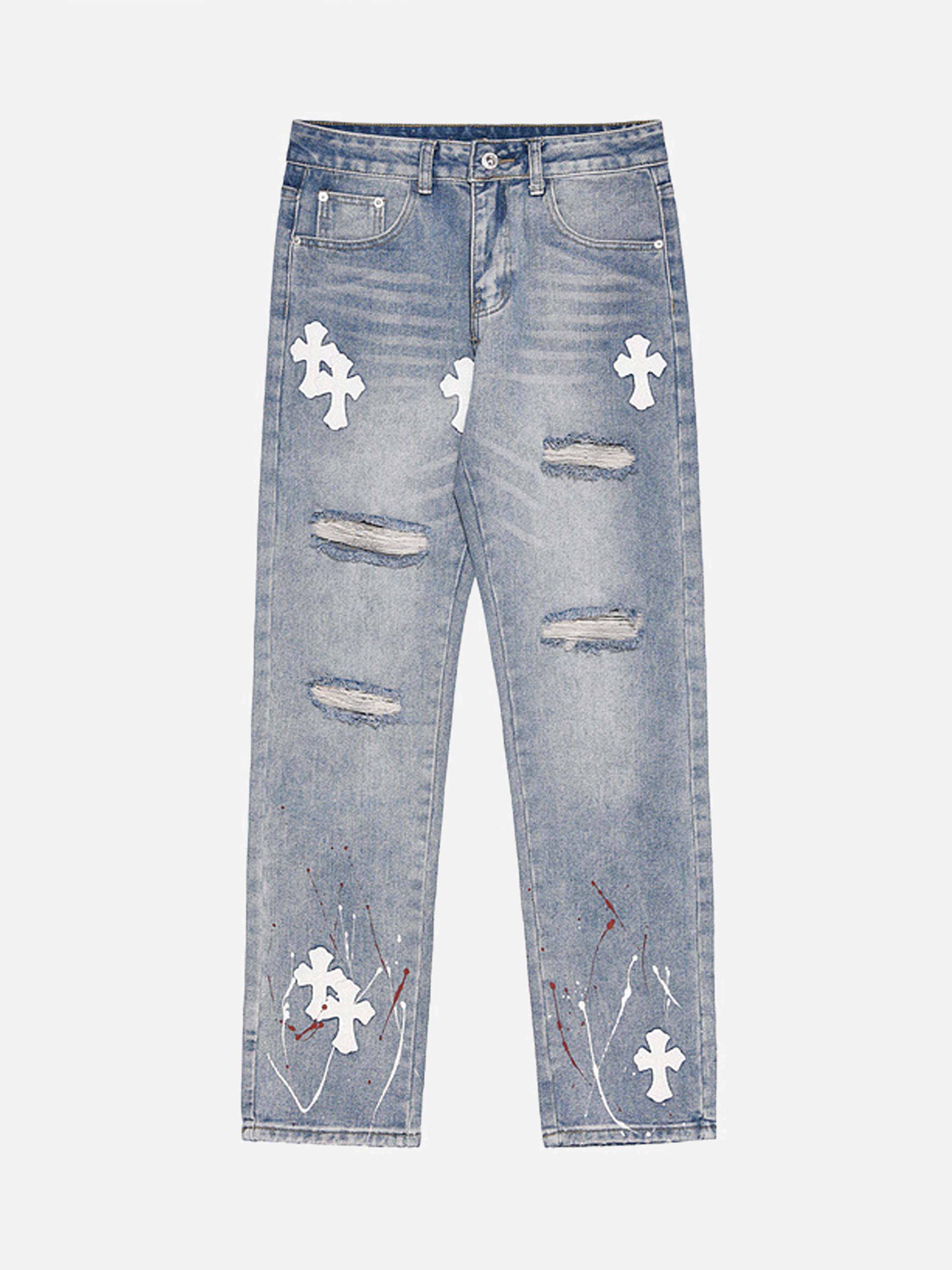 High Street Cross Hole Splash Ink Straight Loose-fitting Jeans-xxchiefs