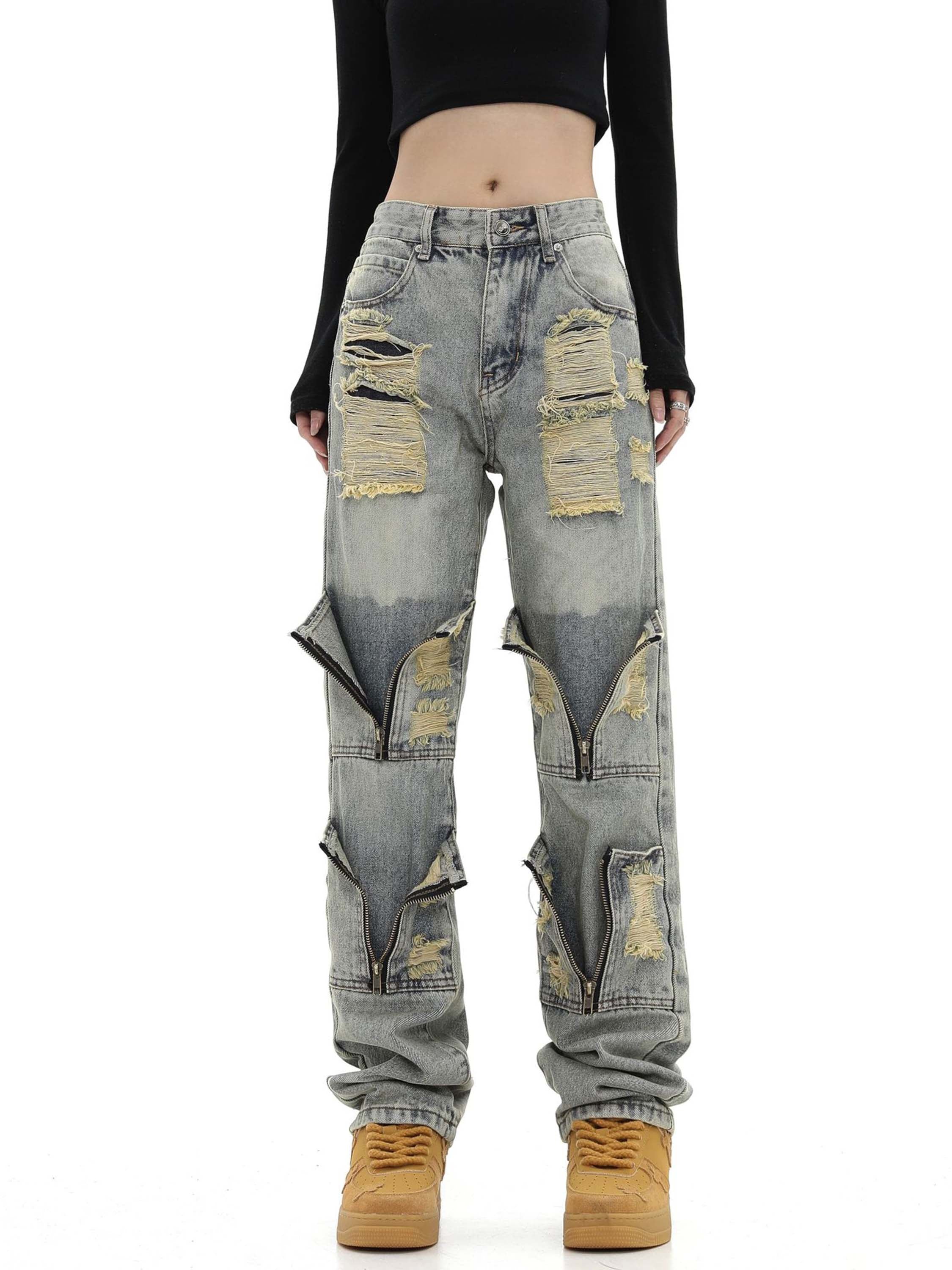 American High Street Washed And Torn Work Pockets Straight Denim Pants-xxchiefs