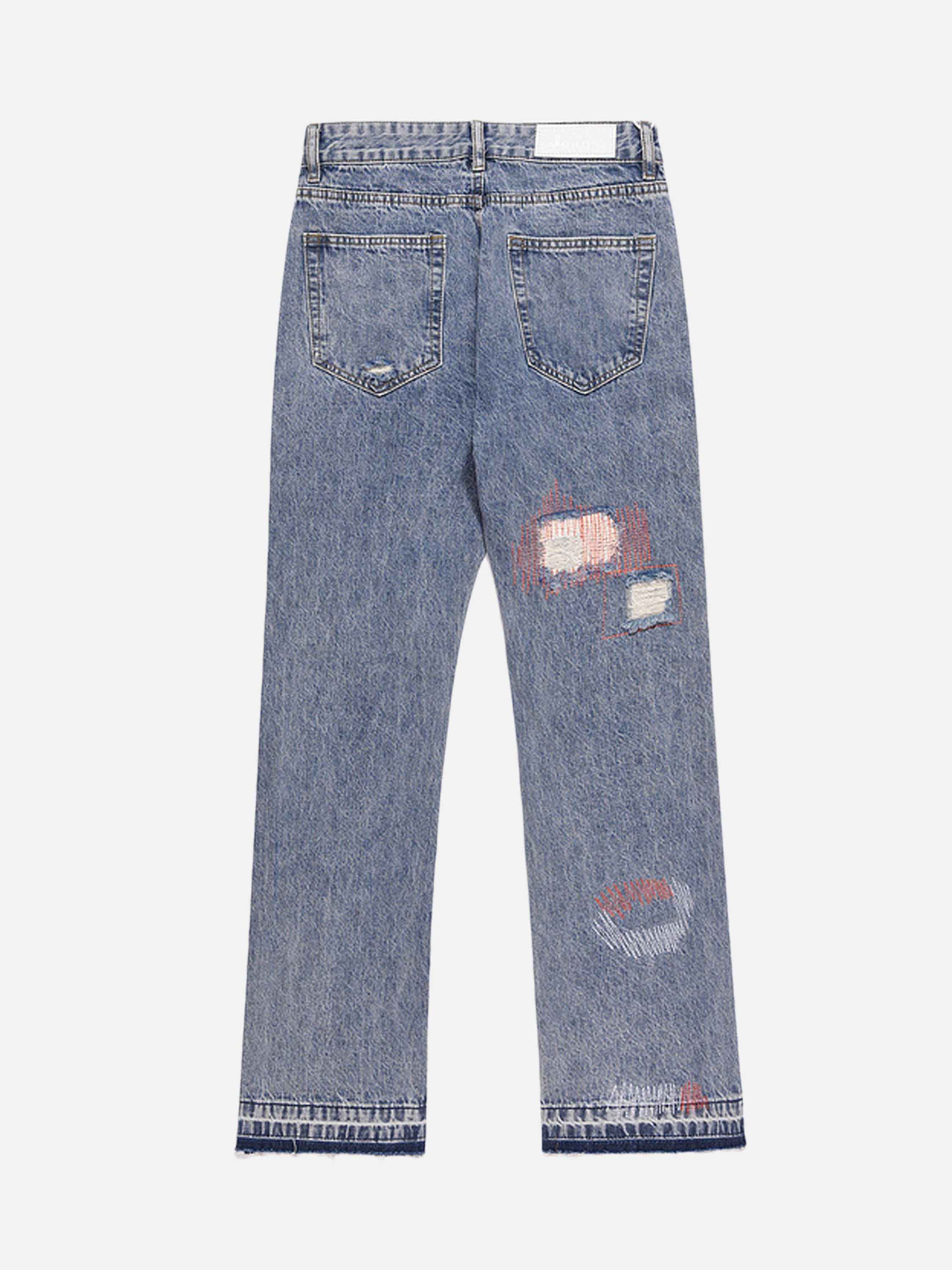 High Street Hole Patch Embroidery Straight Washed And Worn Cat Whiskers Casual Jeans-xxchiefs