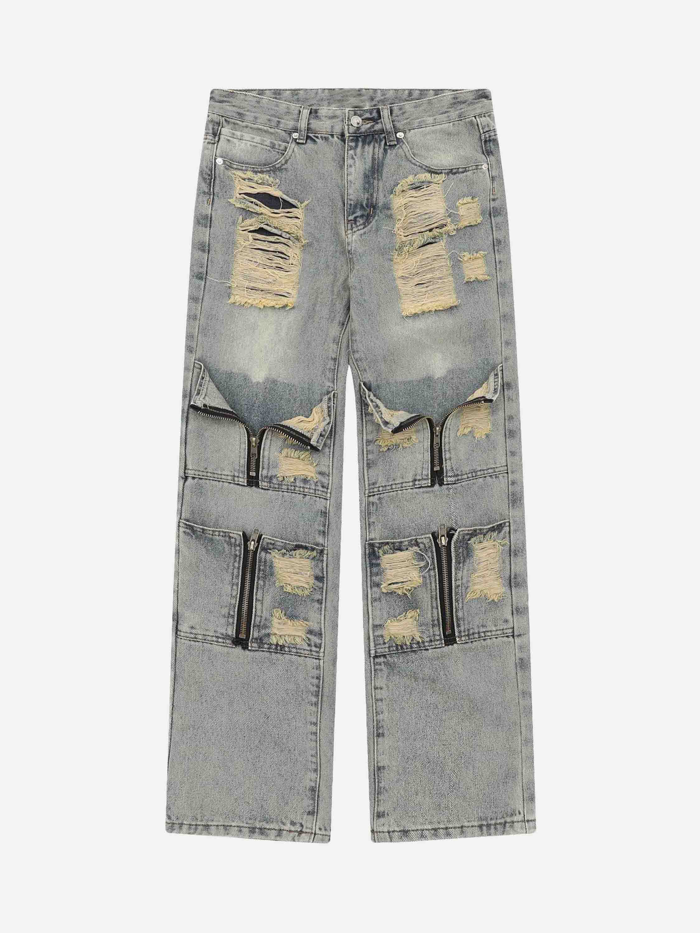 American High Street Washed And Torn Work Pockets Straight Denim Pants-xxchiefs