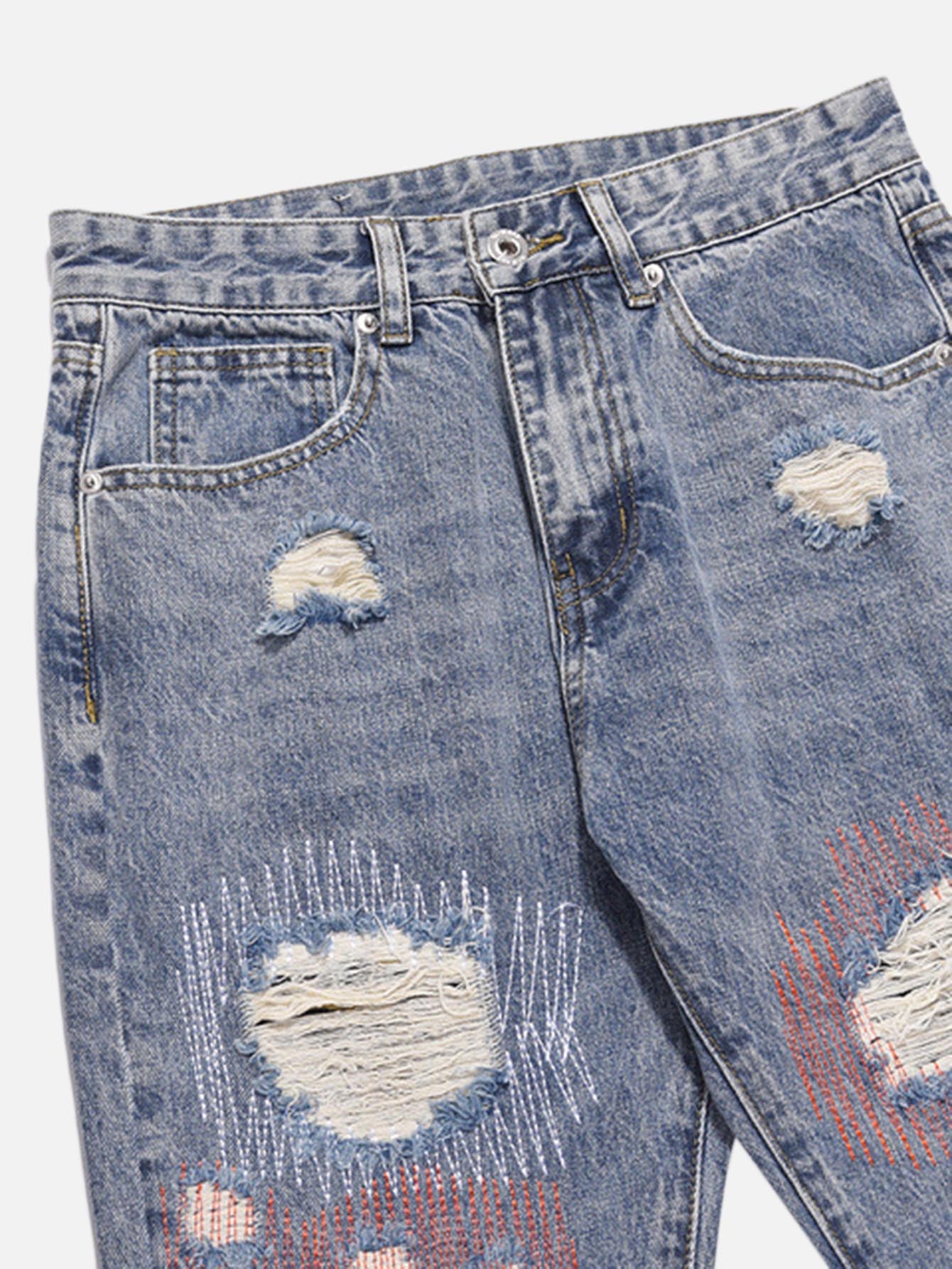 High Street Hole Patch Embroidery Straight Washed And Worn Cat Whiskers Casual Jeans-xxchiefs
