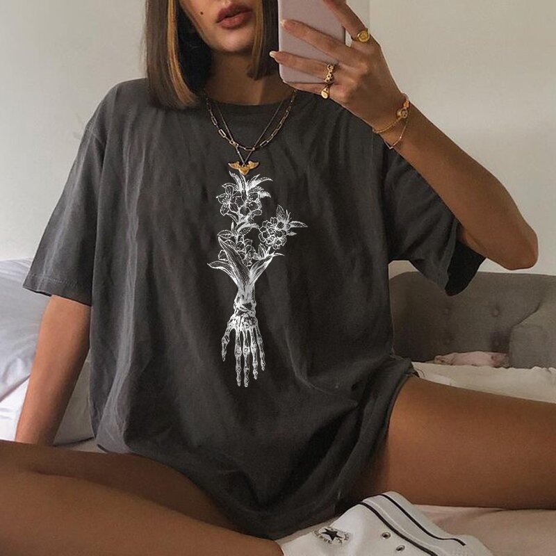 Flower skull hand print women's loose T-shirt-xxchiefs