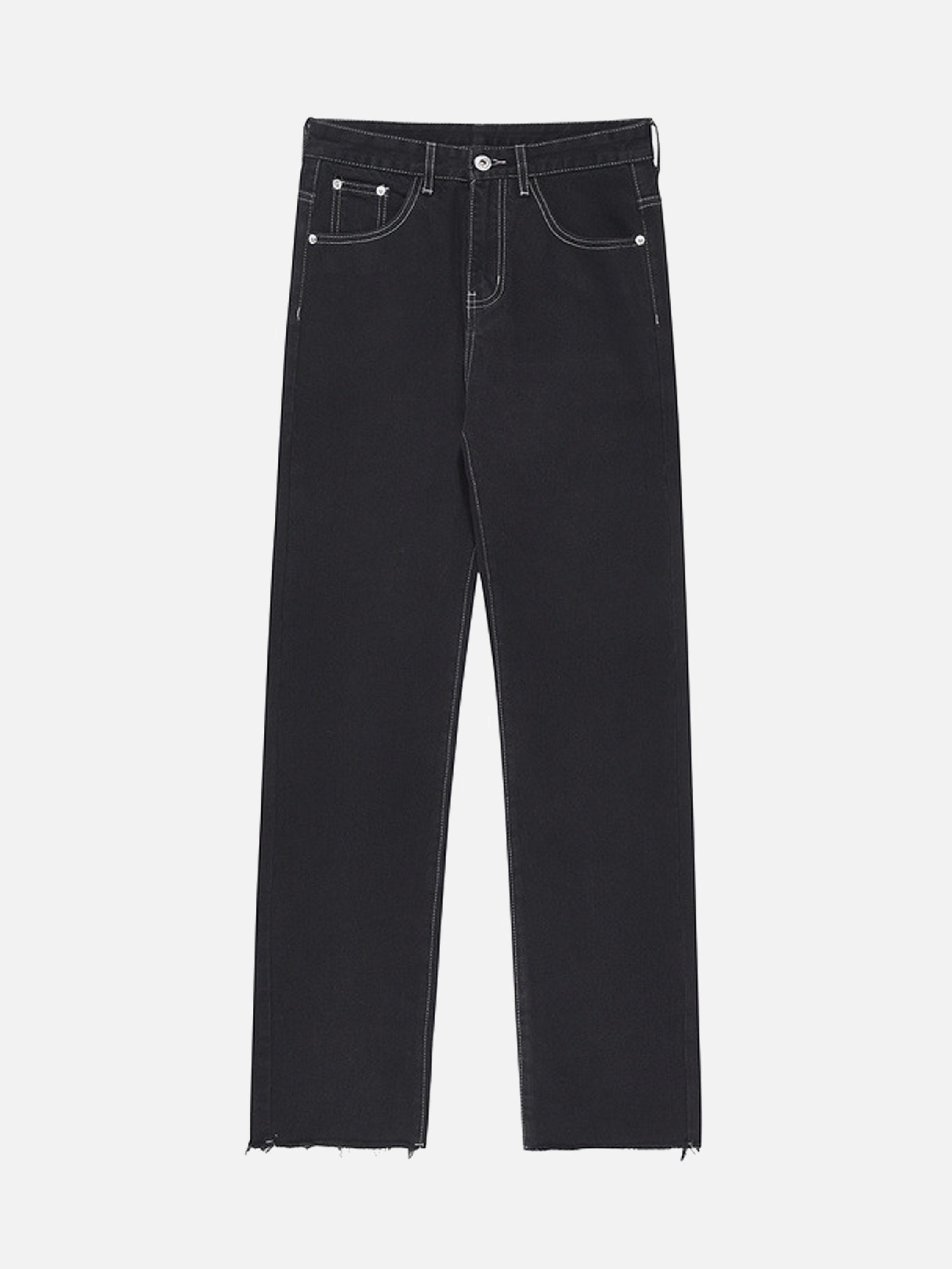 Pocket Letter Print Micro-stretch Frayed Straight-leg Jeans-xxchiefs
