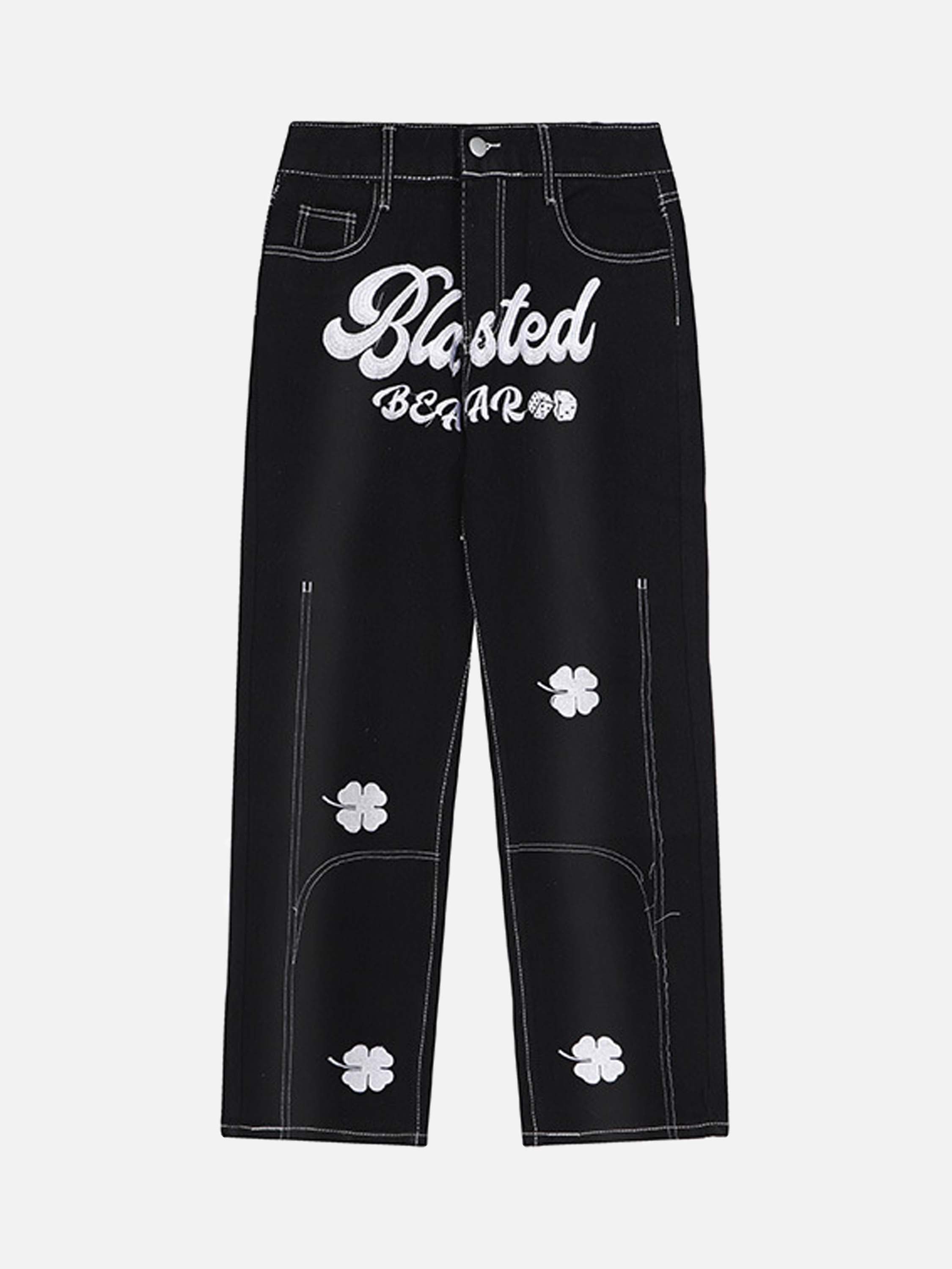 Letter and Lucky Clover Embroidered Jeans-xxchiefs