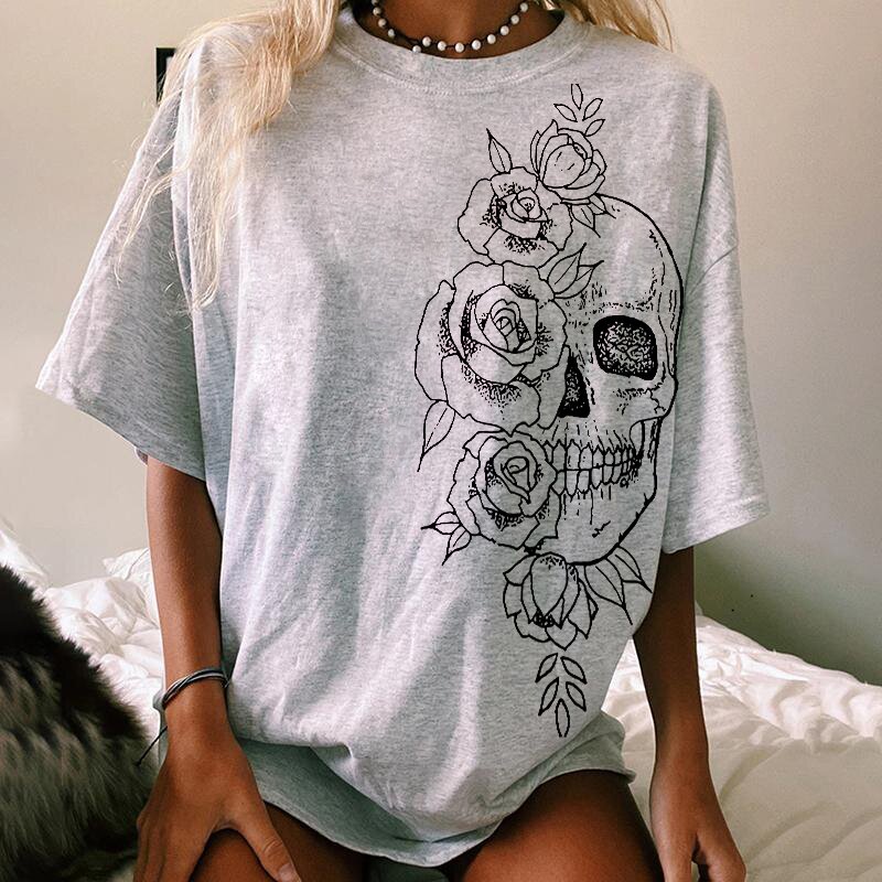 Flower and skull print loose T-shirt-xxchiefs