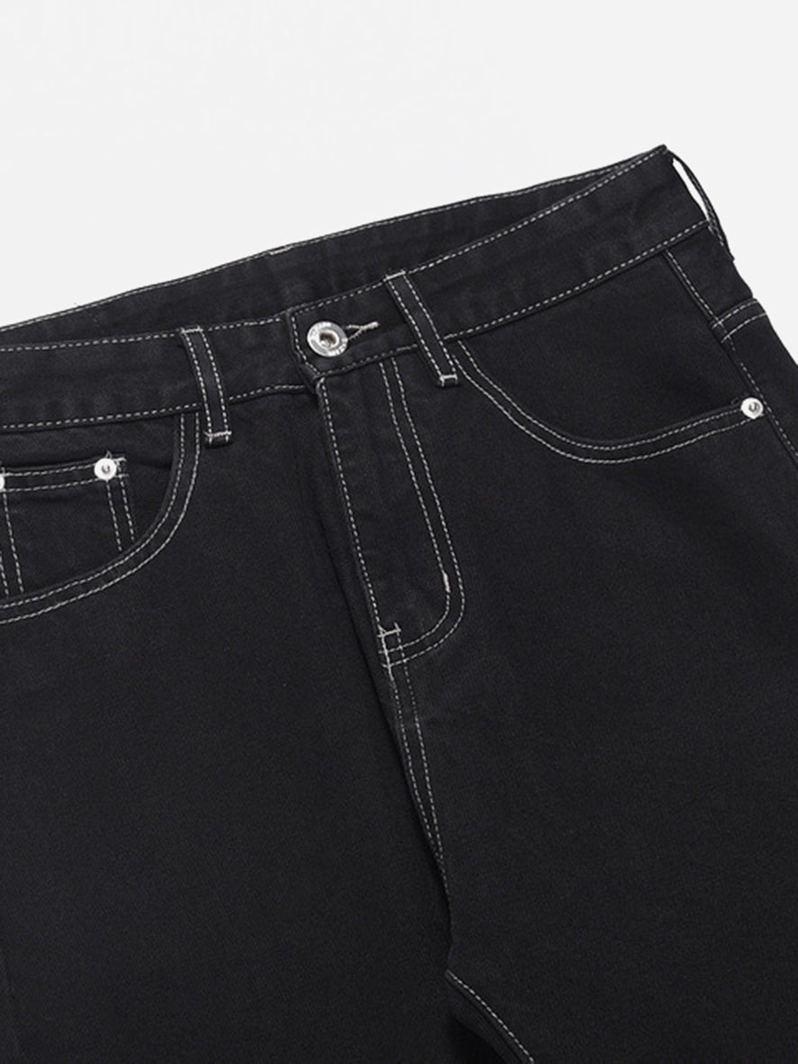 Pocket Letter Print Micro-stretch Frayed Straight-leg Jeans-xxchiefs