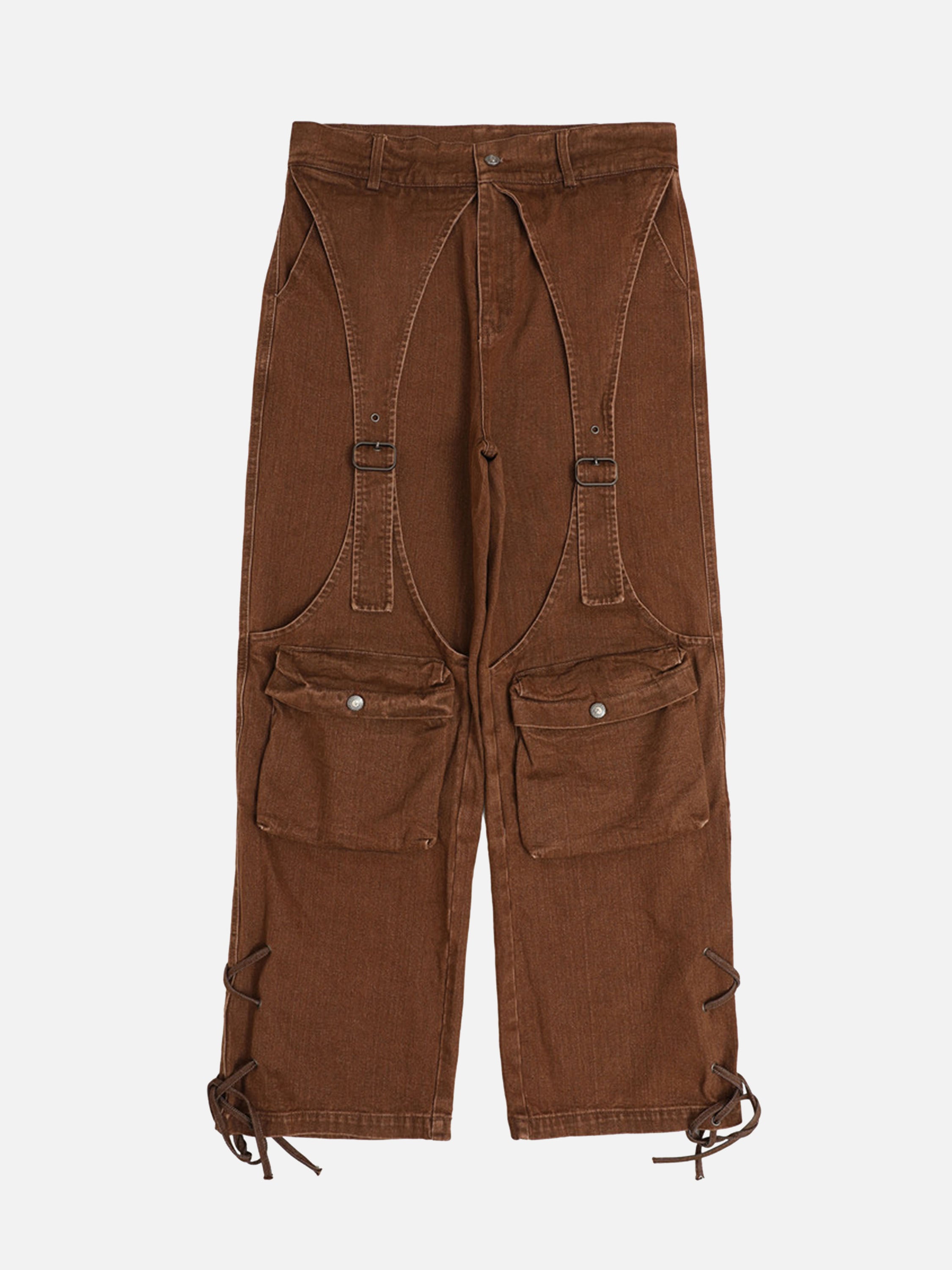 Design Sense Multi-pocket Work Pants Pants Leg Drawstring Wide Leg Jeans-xxchiefs