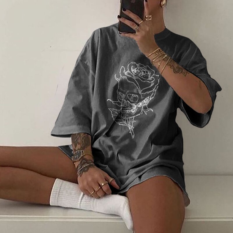 Rose skull print women's casual T-shirt-xxchiefs