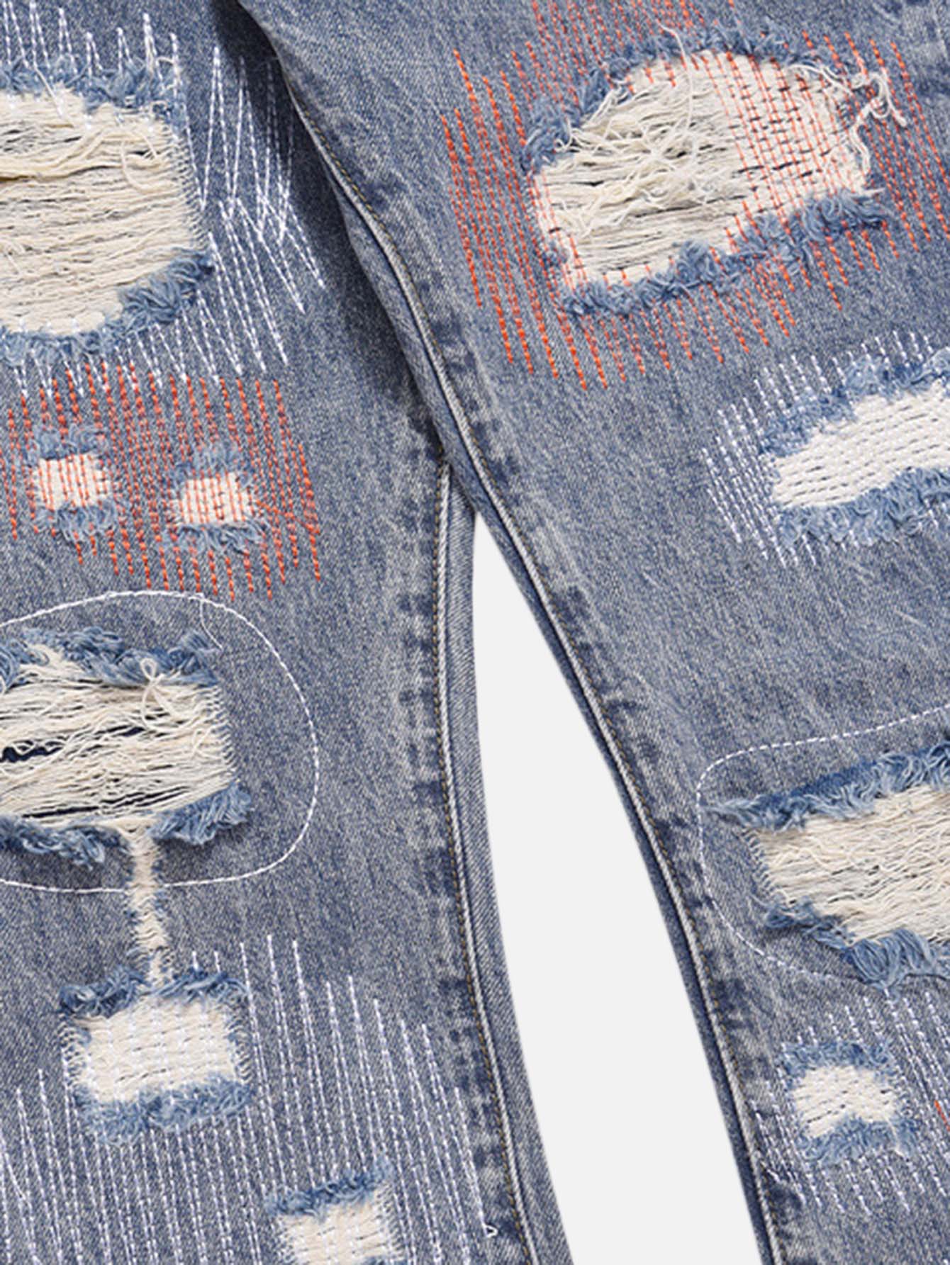 High Street Hole Patch Embroidery Straight Washed And Worn Cat Whiskers Casual Jeans-xxchiefs
