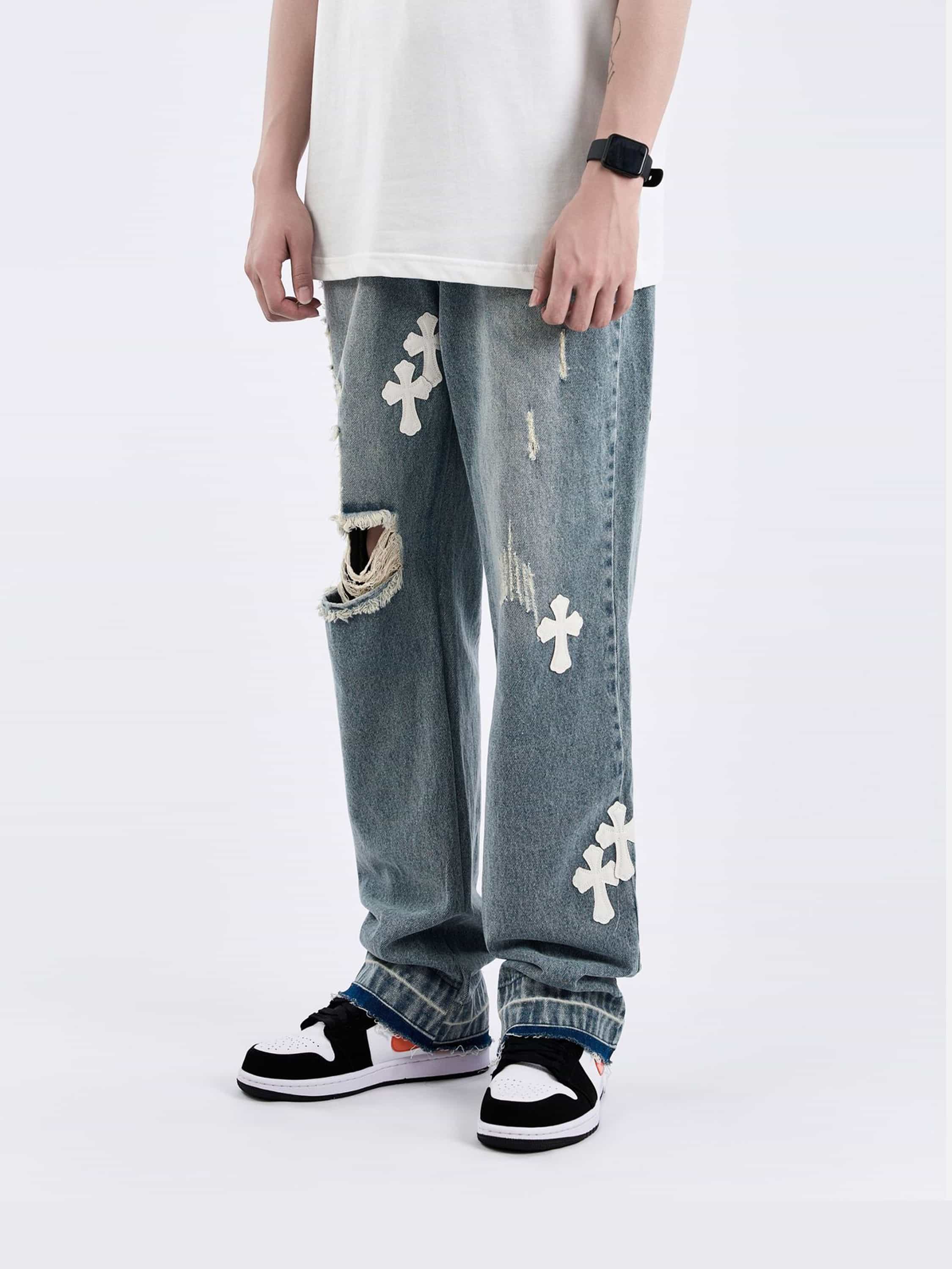 American Style Trendy Torn Cross Embroidered Loose Straight Jeans-xxchiefs