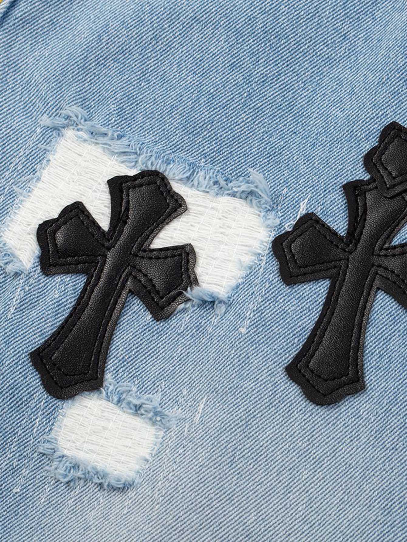 Street Hip-hop Washed And Damaged Patch PU Cross Denim Straight Pants-xxchiefs