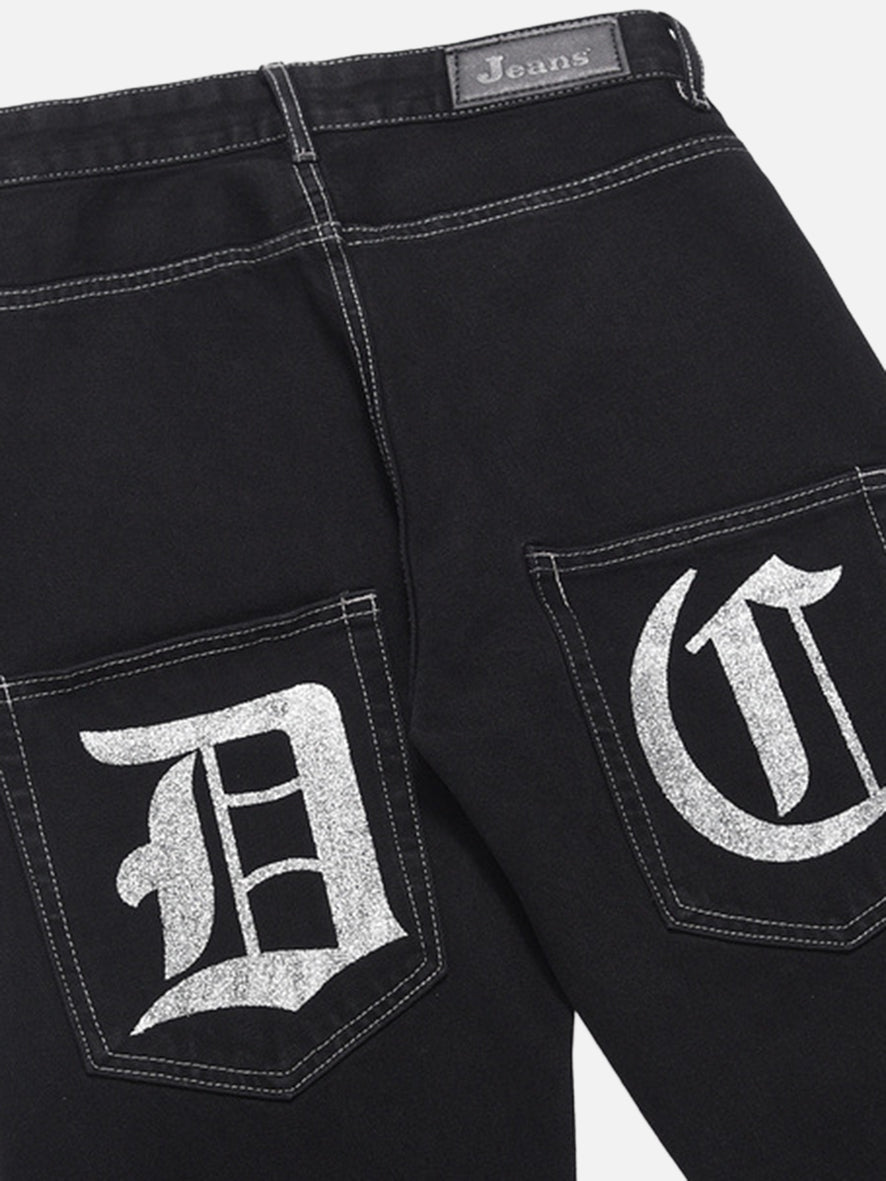 Pocket Letter Print Micro-stretch Frayed Straight-leg Jeans-xxchiefs